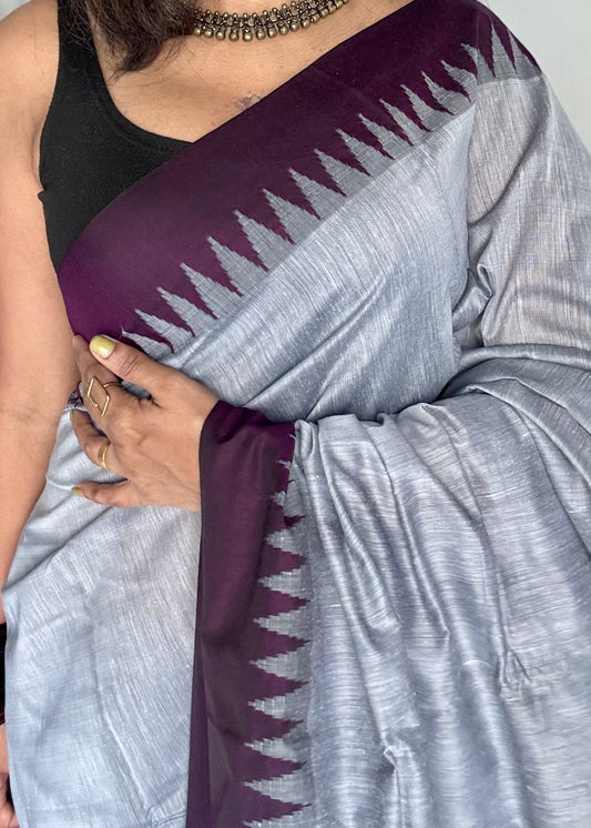 Grey with wine contrast, temple border saree, cotton silk - YCCOTNTBFE59