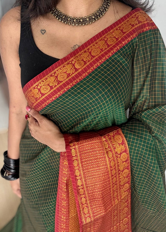 Dark green checks with zari border, premium narayanpet, soft cotton - YCWOTDFEBB12