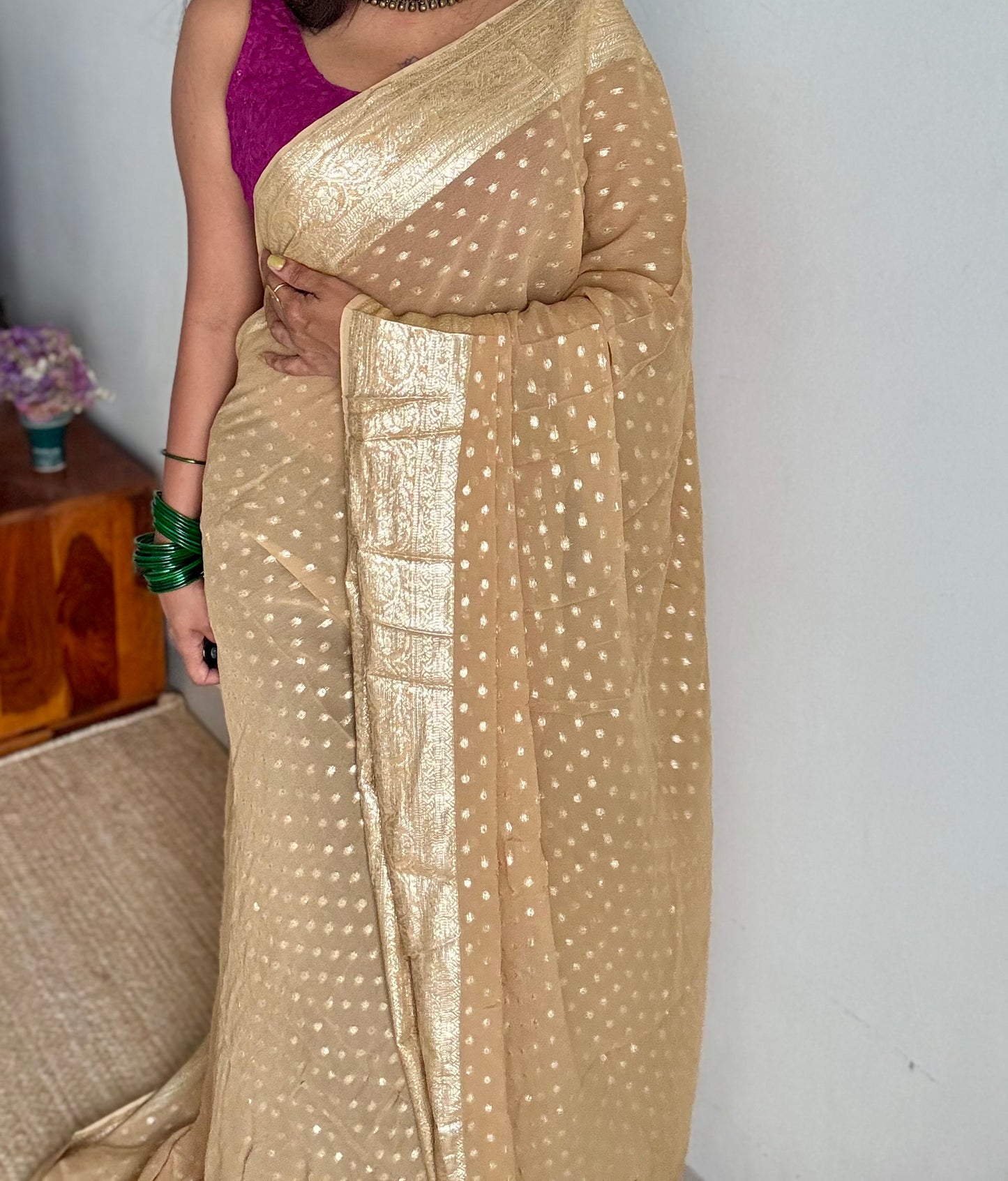 Beige viscose georgette saree with zari motifs - YCDOSFE205