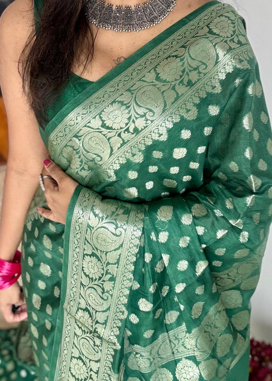 Bottle green, silver buttas and zari, Banarasi semi-silk - YCDESE40