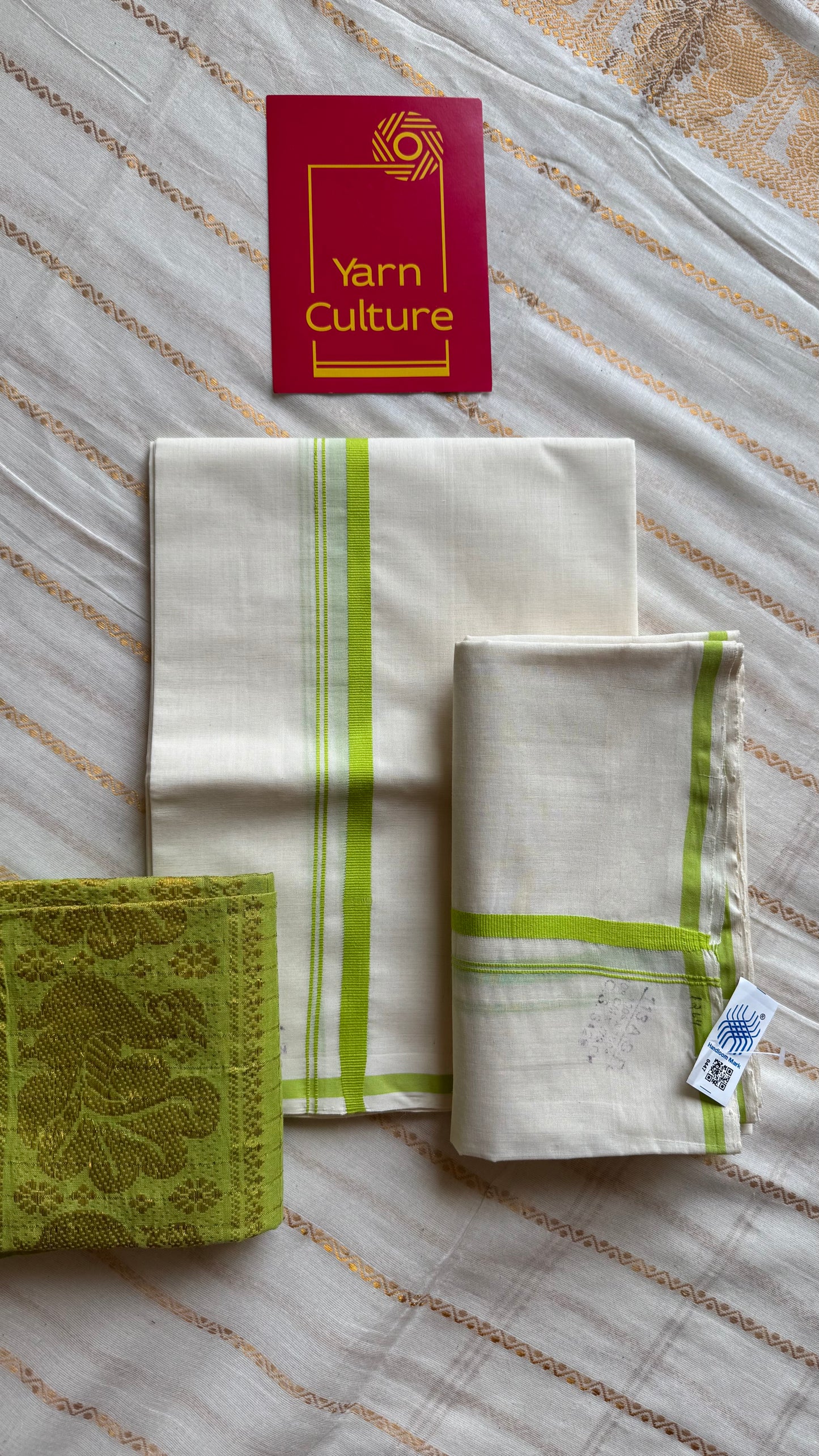 Set mund, handwoven from Chendamangalam looms, lime green - YCIEON142
