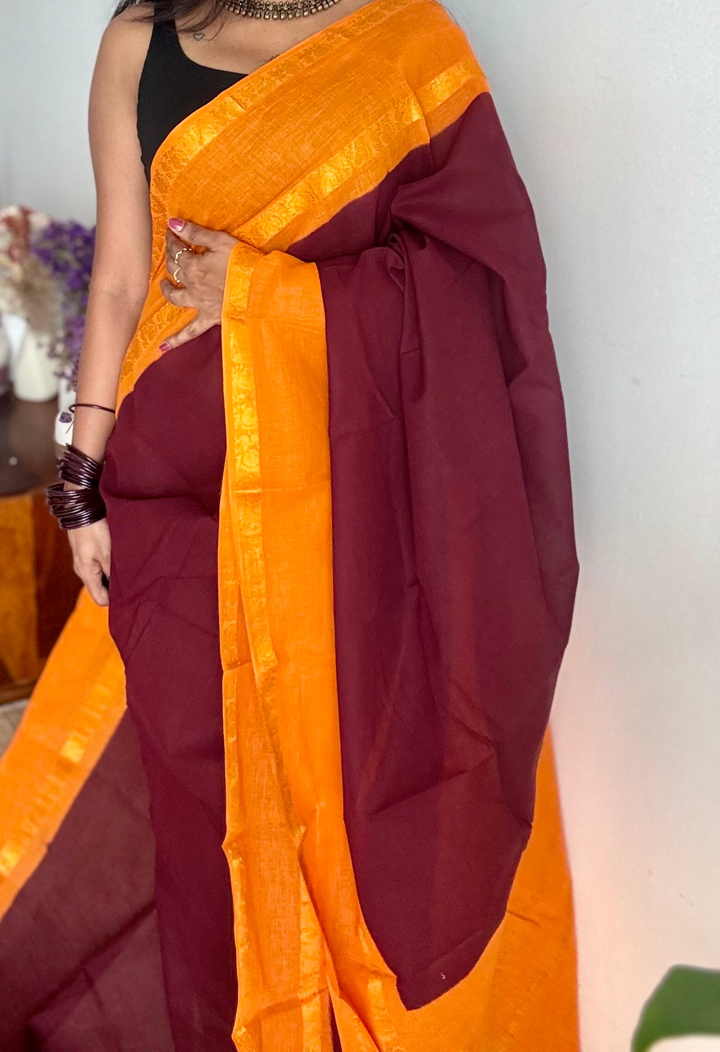 Maroon with light orange rettaipettu peacock double border, madurai soft cotton - YCCOTNMSAP205