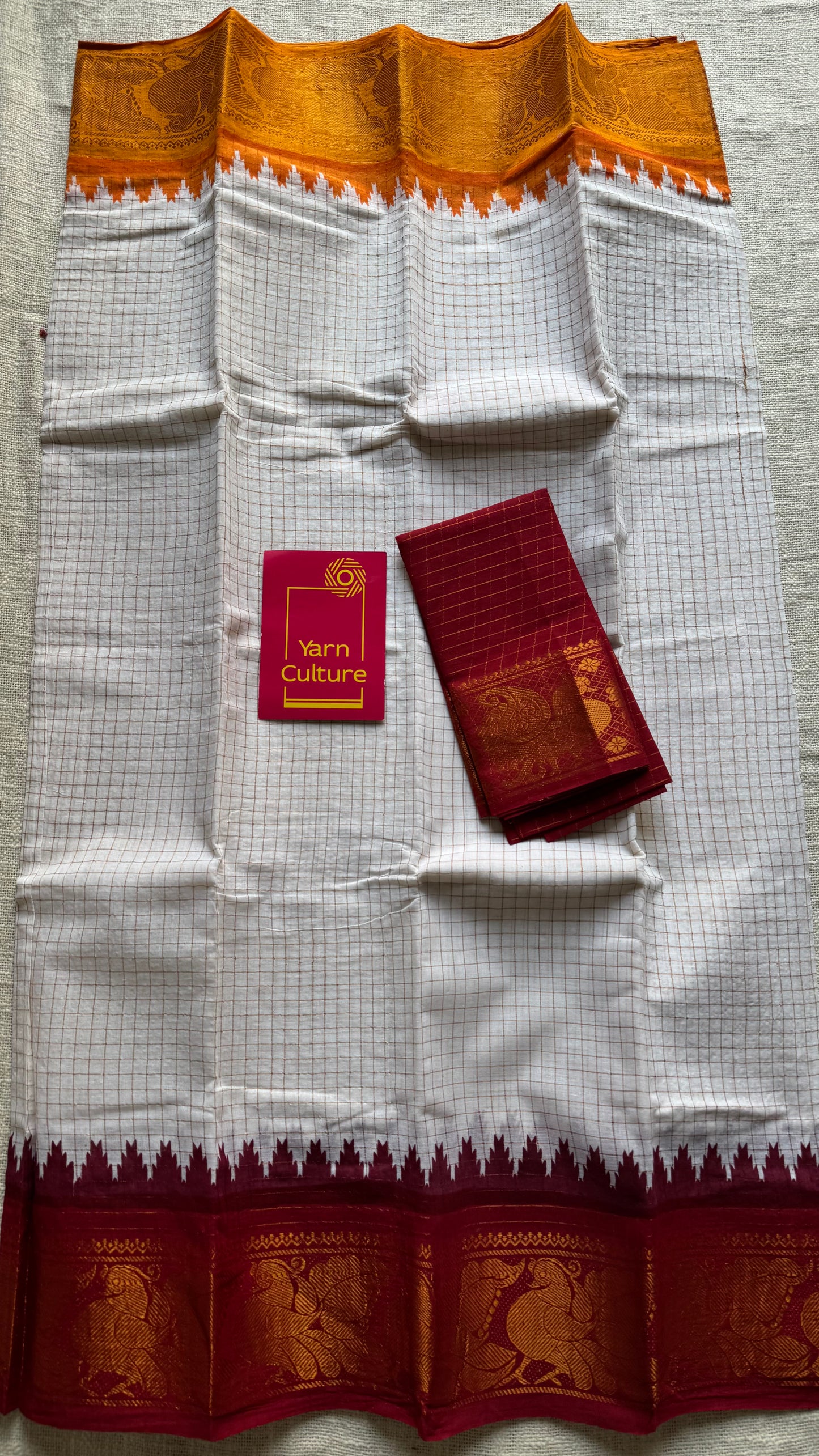 Sungudi cotton checks, off white base, red and yellow dual tone border, soft cotton - YCCOTNMSFE279