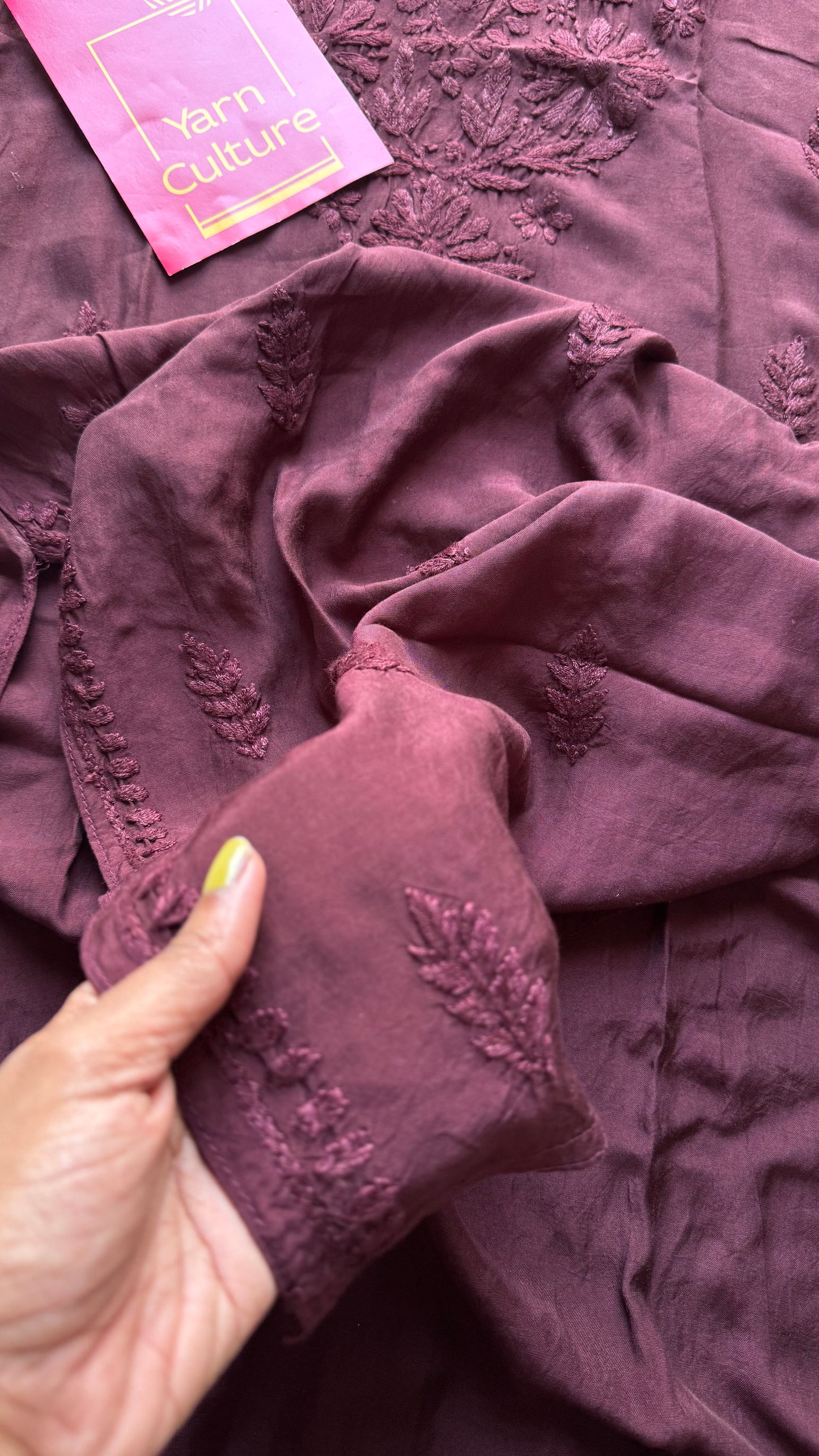 Wine muslin chikankari with ghas patti work, stitched kurta, round neck, three fourth sleeves - YCSECK41