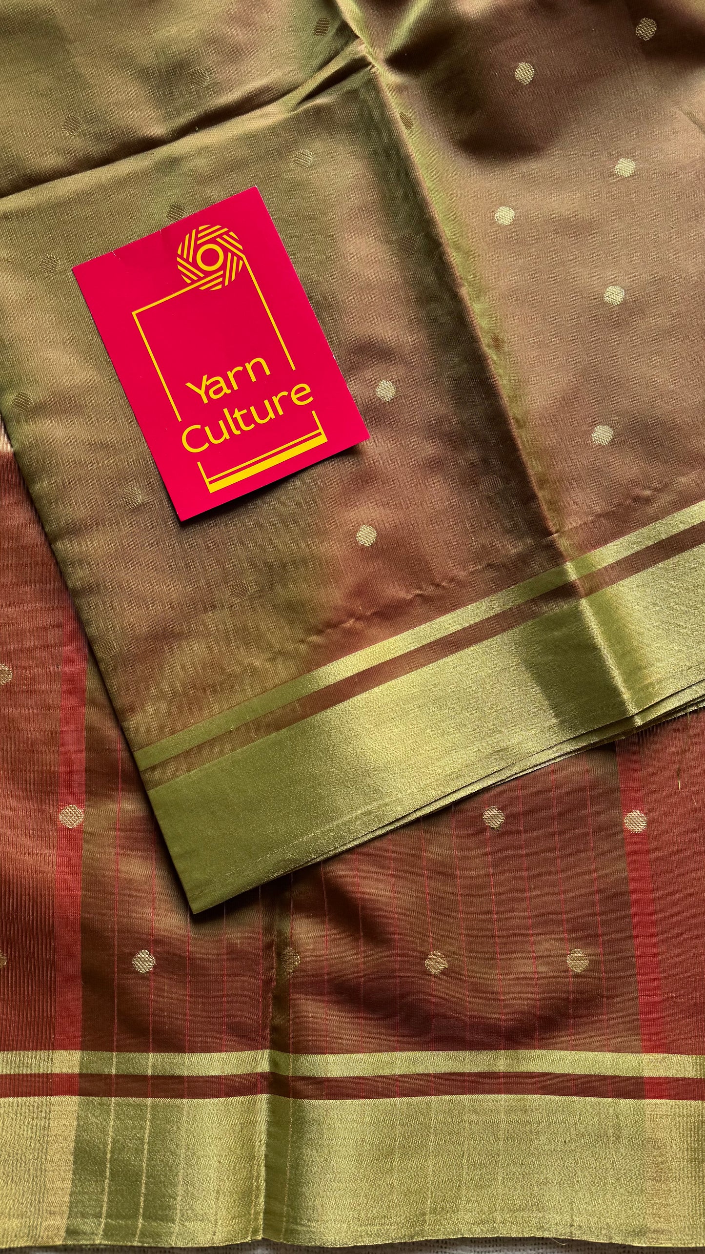 Green brown dual tone with antique gold border & buttas, semi katan silk - YCBLSSJA18