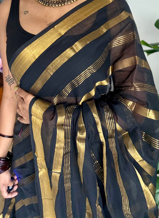 Black mul cotton saree with zari stripes - YCBCMCSE26
