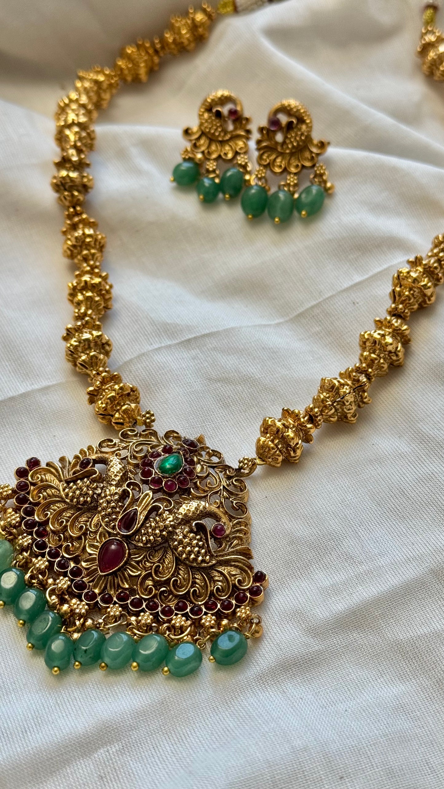 Ruby green peacock pendant neckpiece, with earrings - YCGPNP630