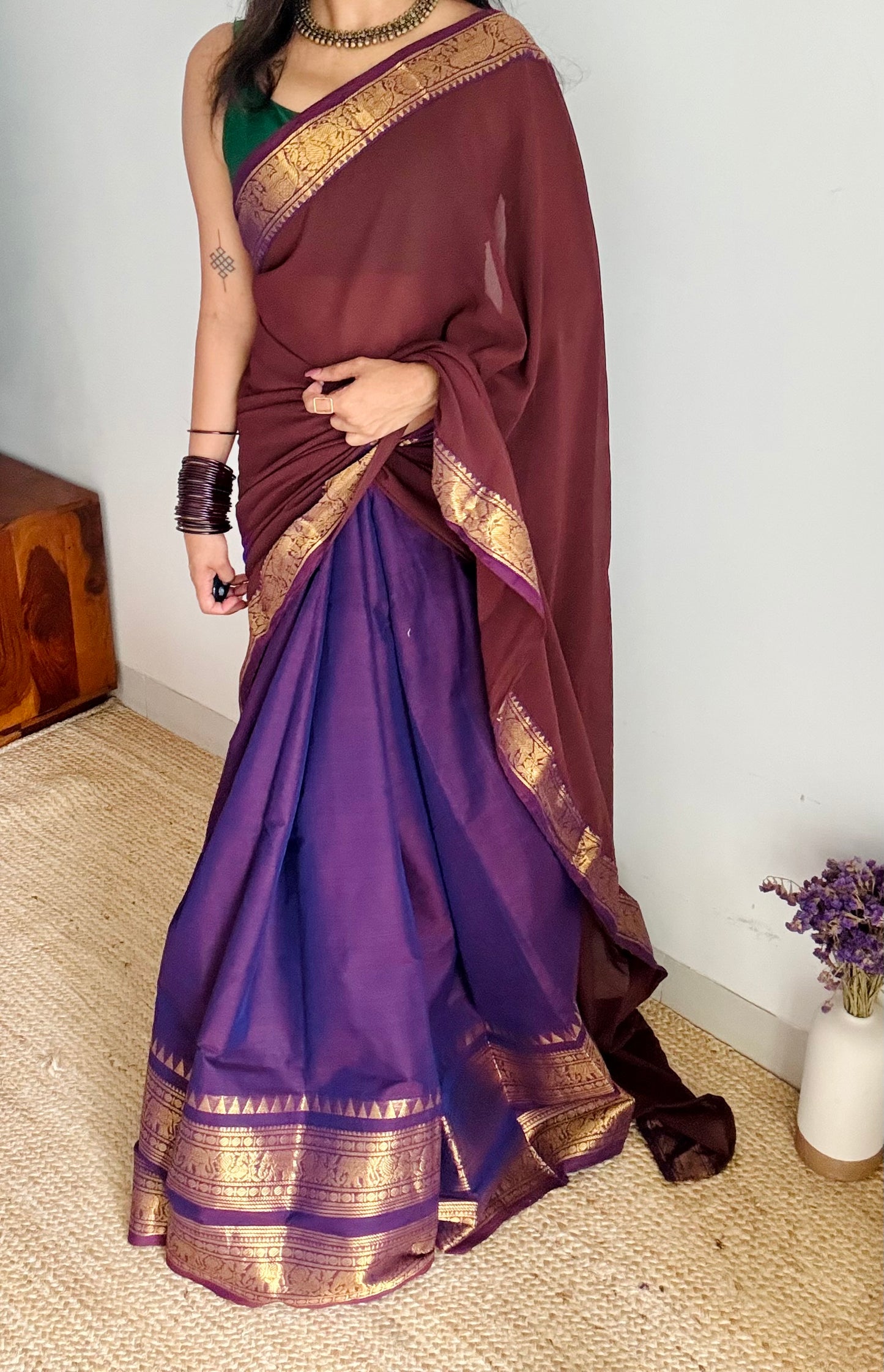 Purple - Brown unstitched half saree material (dhavani), kanchi cotton - YCIEHS207