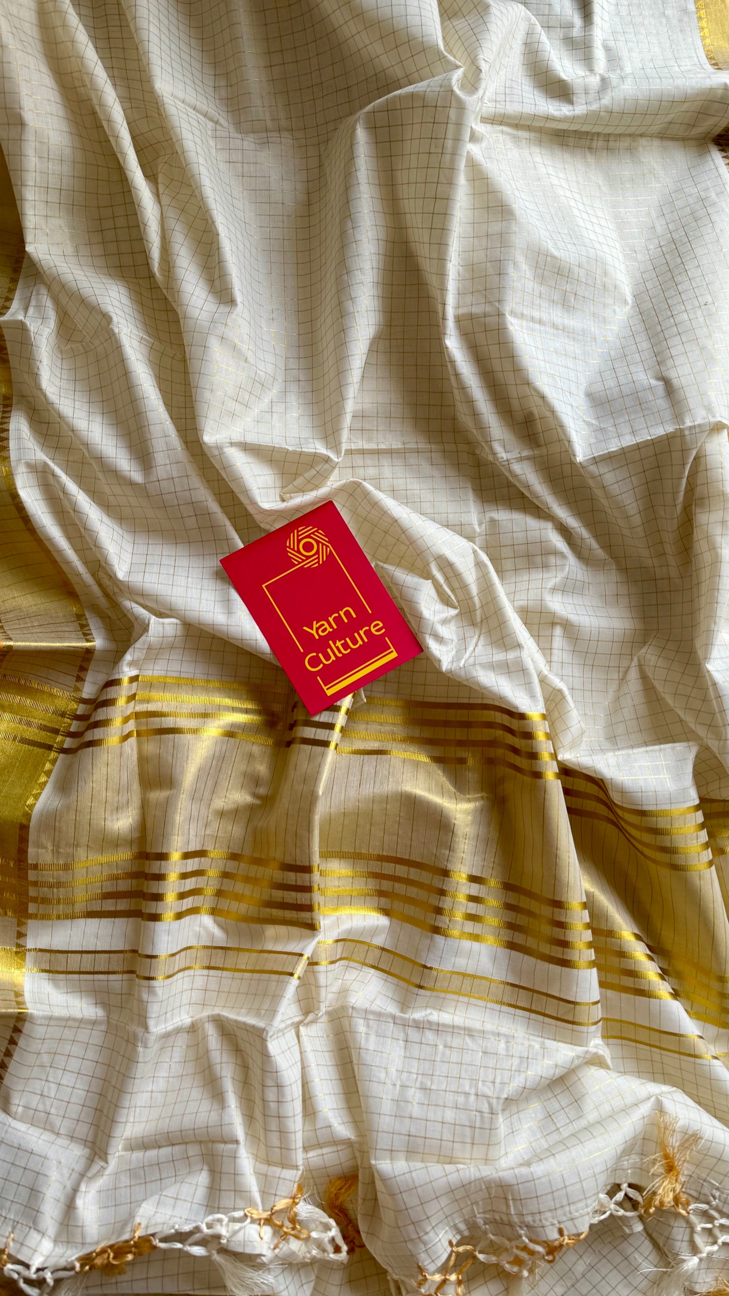 Ivory and gold soft cotton kasavu saree, small checks with temple border - YCIEON70