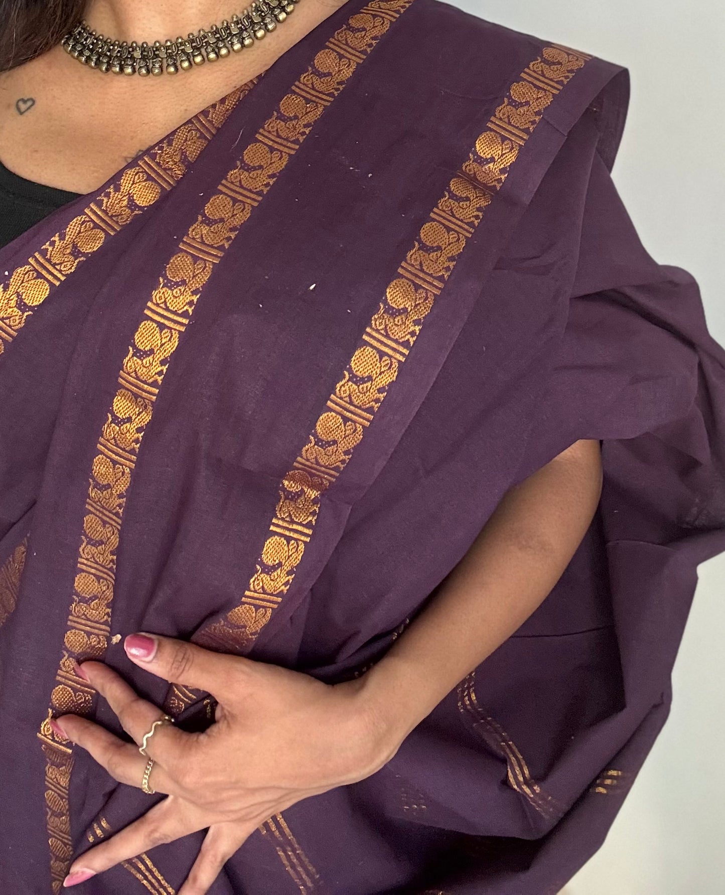 Purple brown rettaipettu peacock gap border, kattuchayam dyed madurai cotton saree  - YCCOTNMSAP98