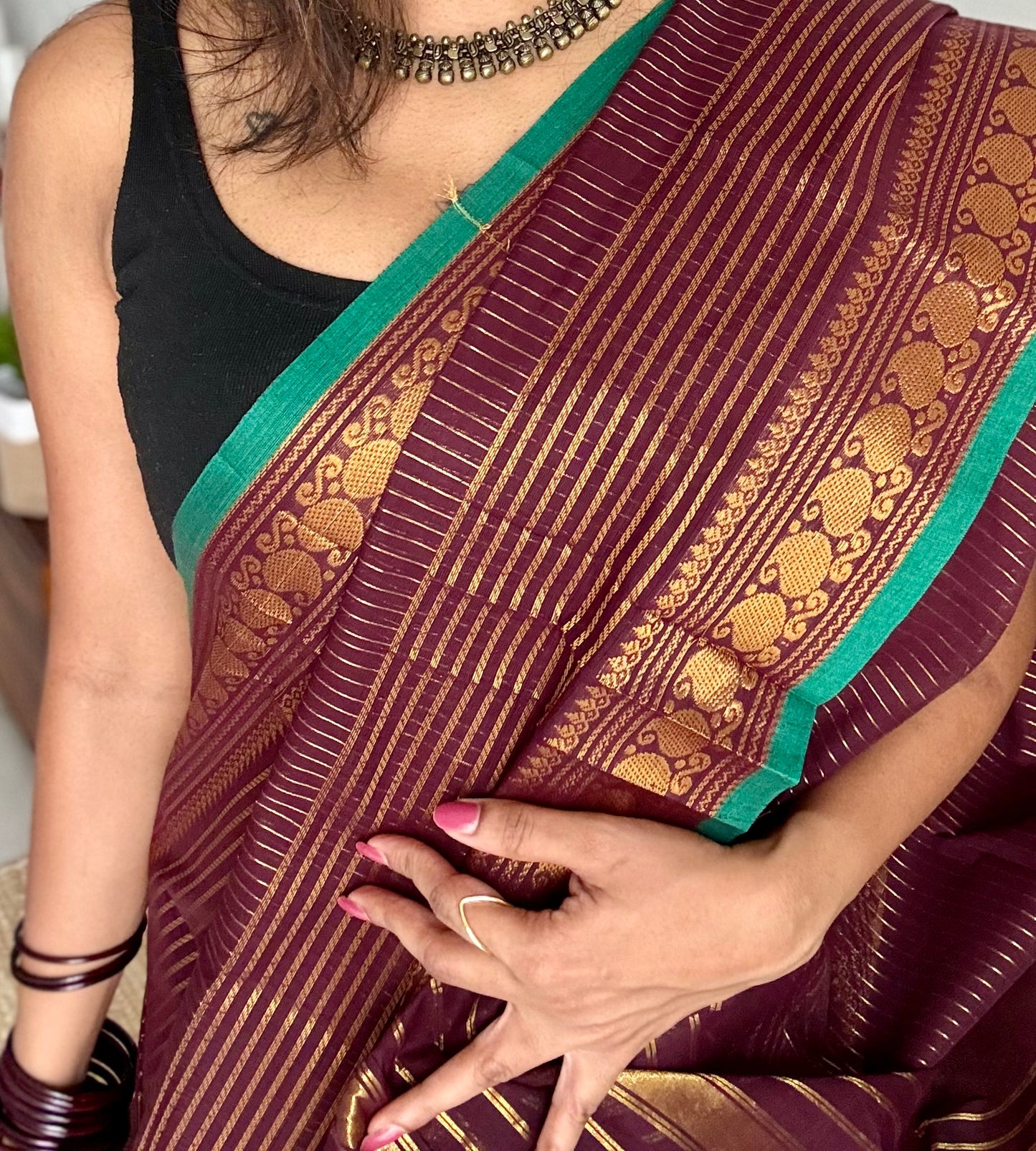 Kanchi cotton saree, brownish maroon with gold stripes, paisley border - YCCOTNAP93