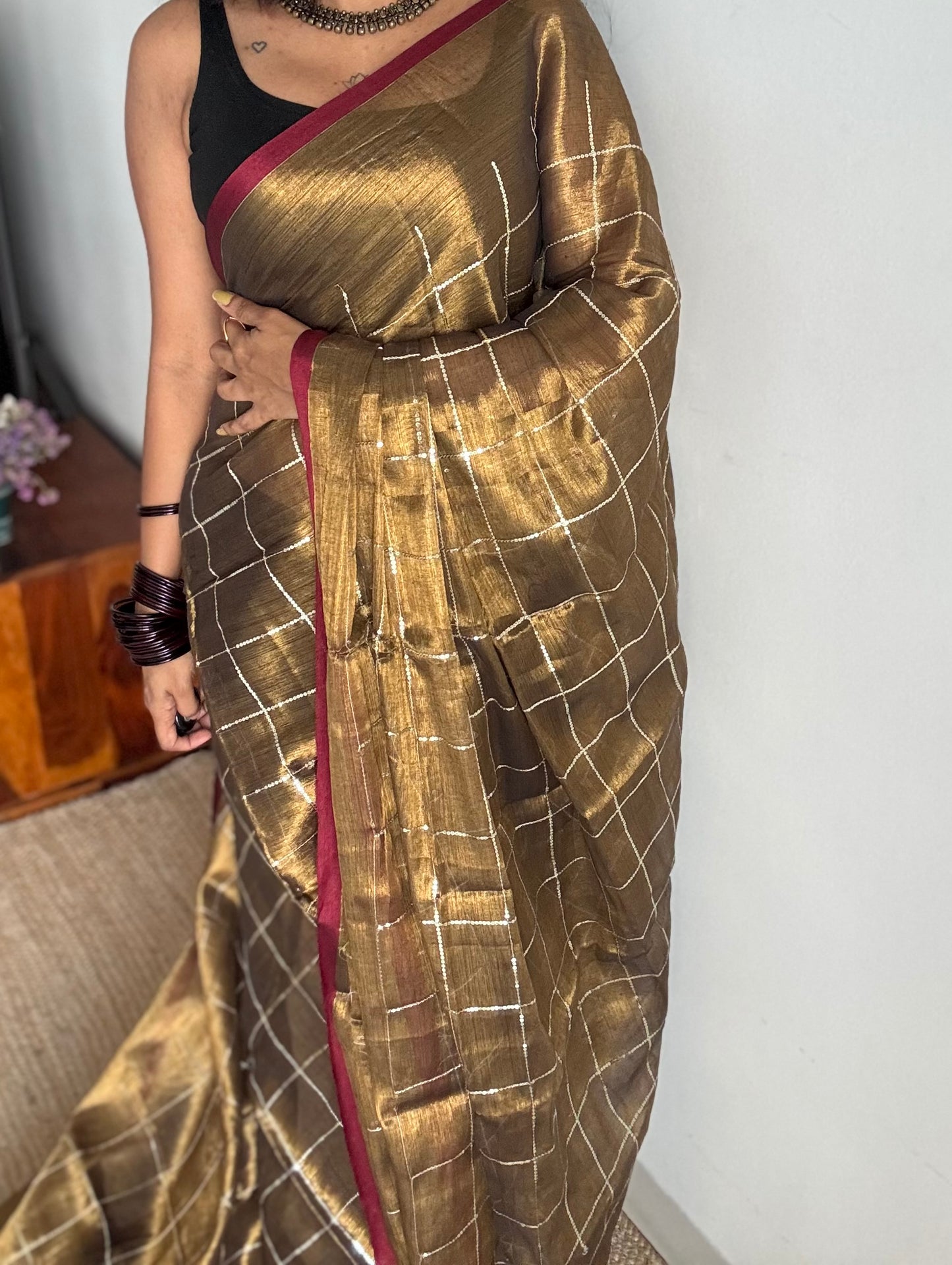 Bronze with maroon border, checkered sequins work, mul tissue - YCBCMCJA12