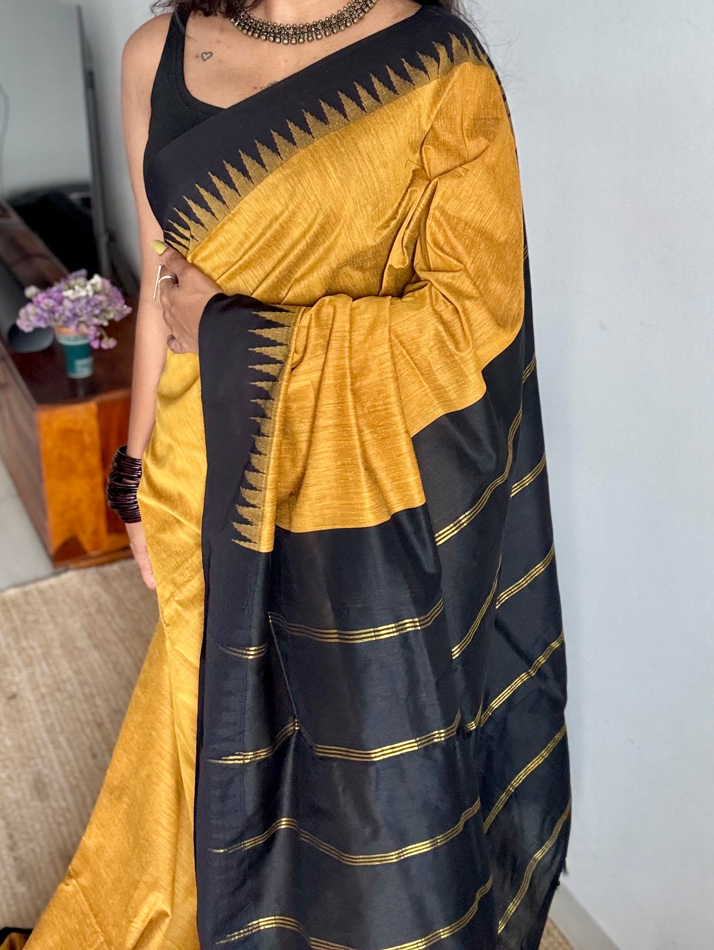 Turmeric yellow with black temple border, cotton silk - YCCOTNCSDE94