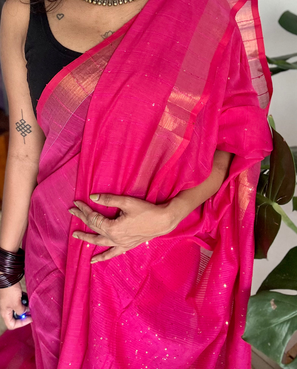 Hot pink mul cotton saree with sequins and zari border - YCBCMCSE34
