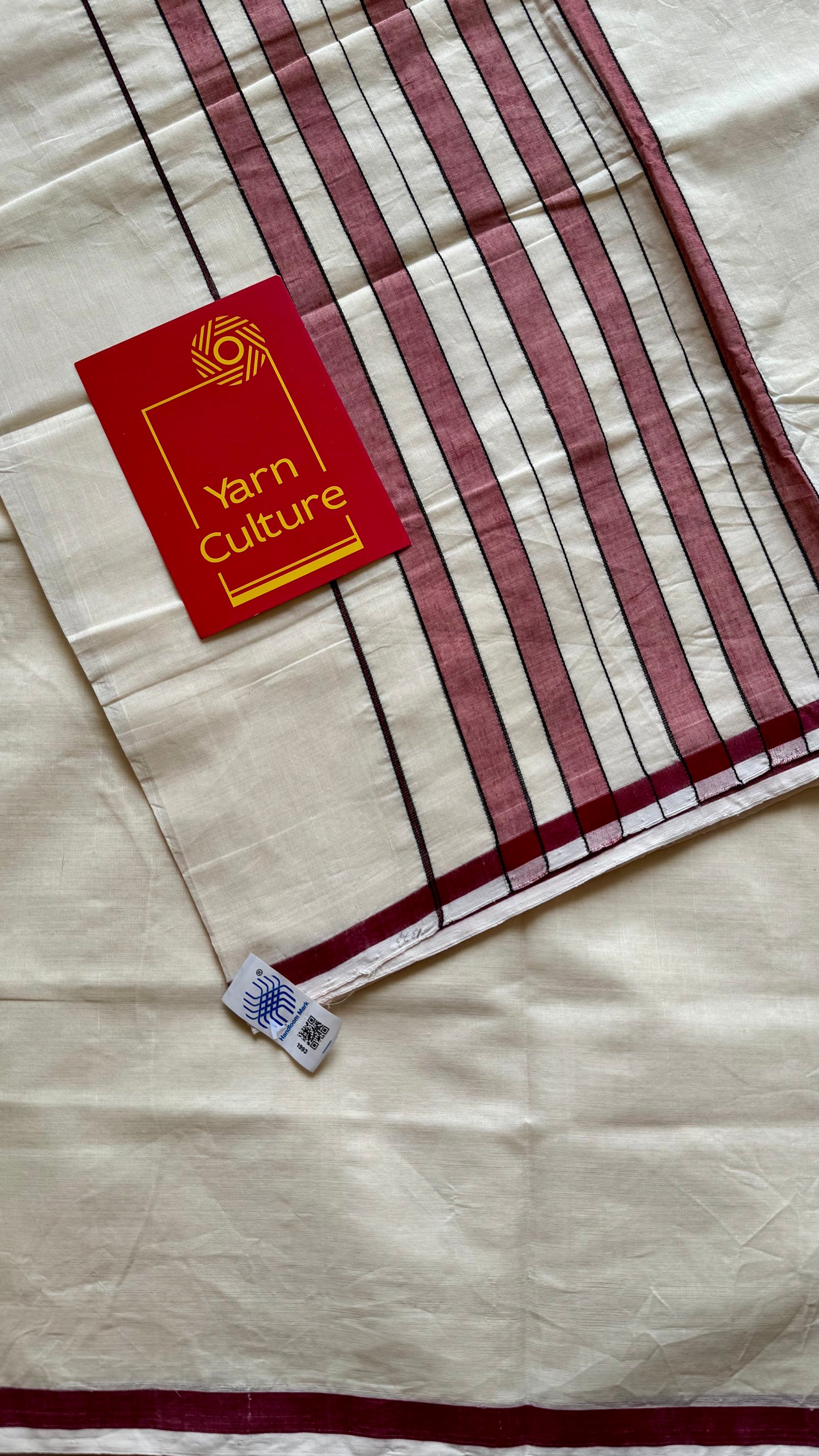 Handloom, woven in Chendamangalam Looms, ivory with maroon border, soft cotton saree - YCIEON151