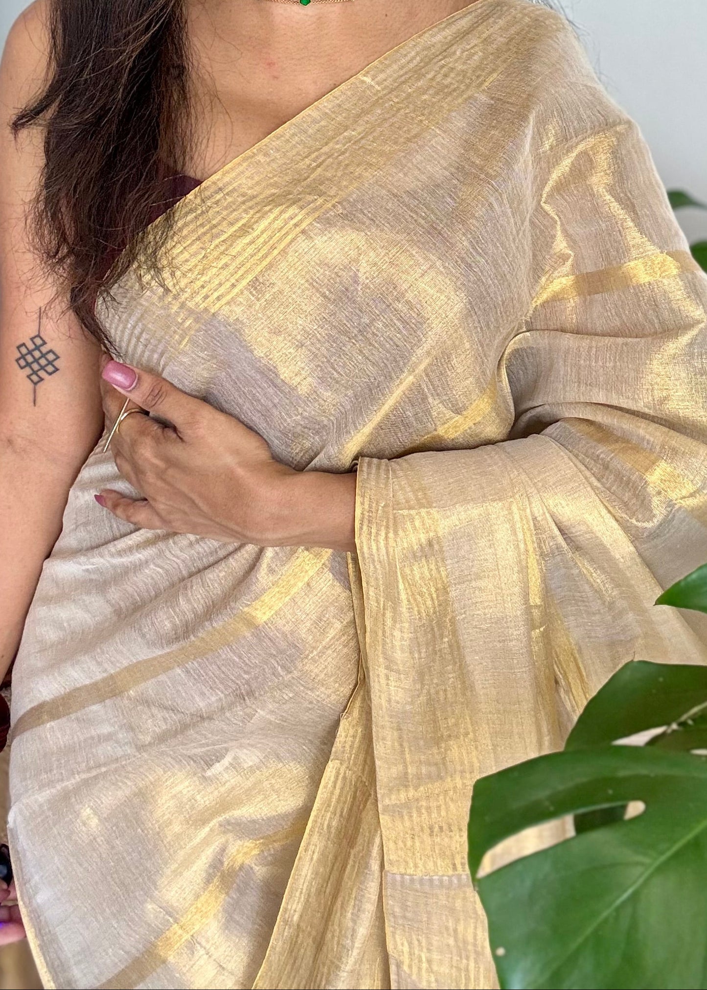 Gold mul tissue saree, gold stripes - YCIEON06