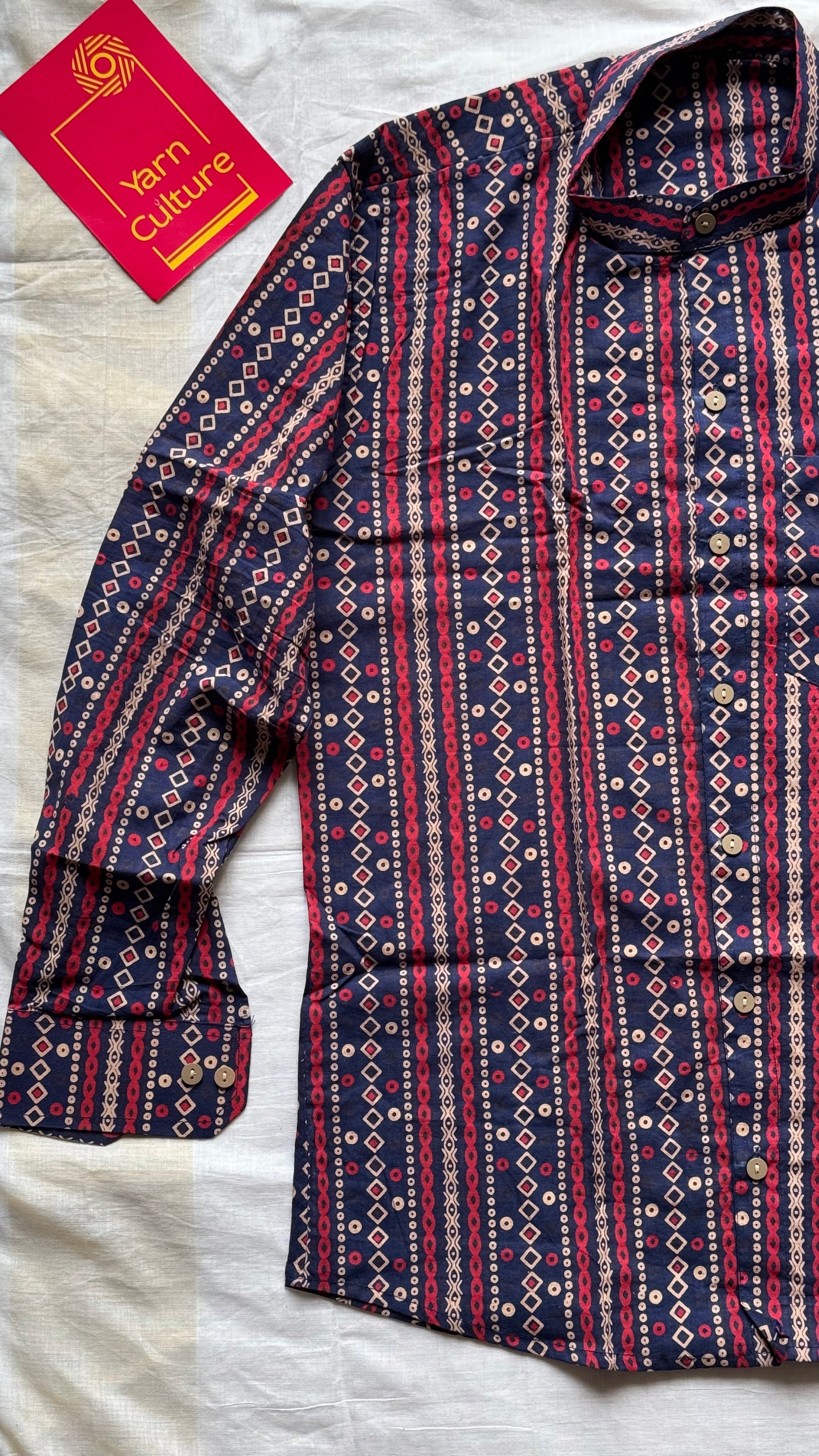 Dark Blue & Red Striped Block Printed Cotton Men's Mandarin Collar Kurta Shirt - YCMSEIE195