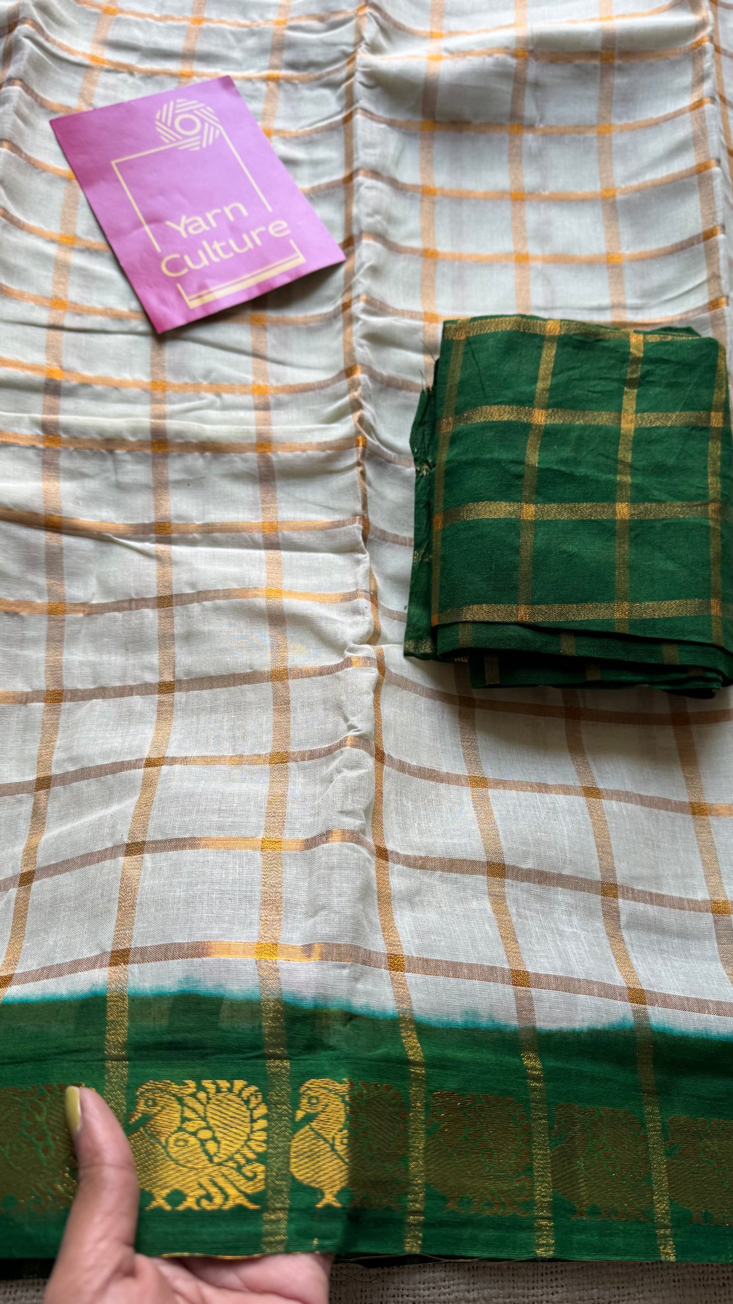 Cream with dark green pavithra kattam sungudi, madurai cotton - YCCOTNSUDE76