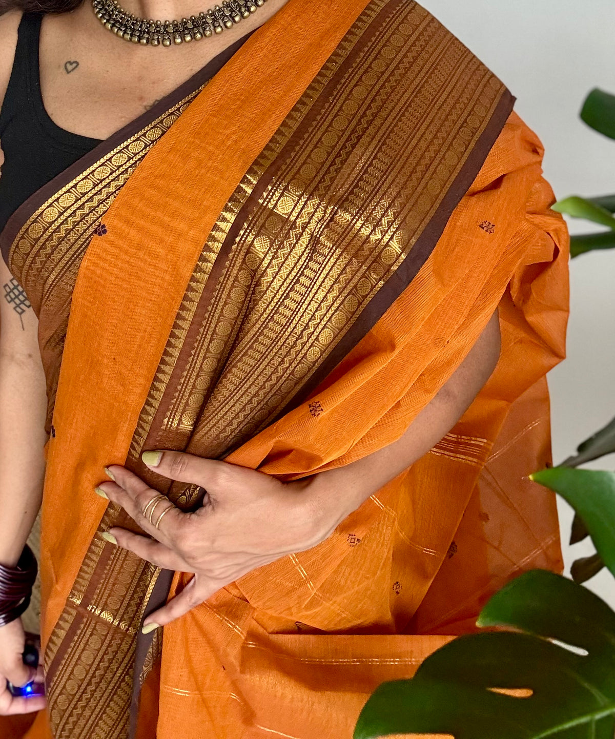 Orange with brown zari border chettinad cotton saree - YCCOTNCKSE16