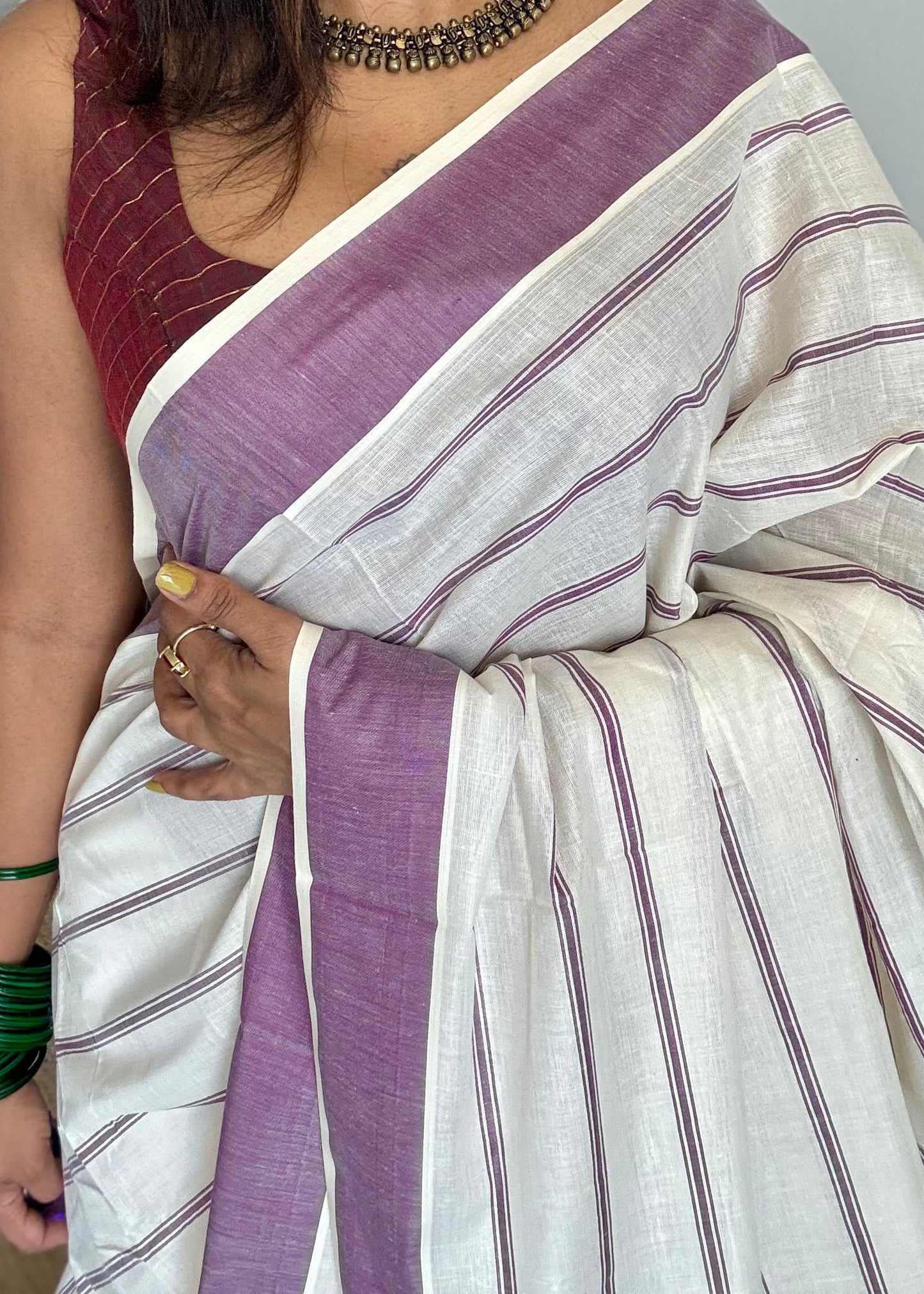 Ivory Kerala cotton saree with purple pink (vadamalli) stripes and border - YCIEKCFE322