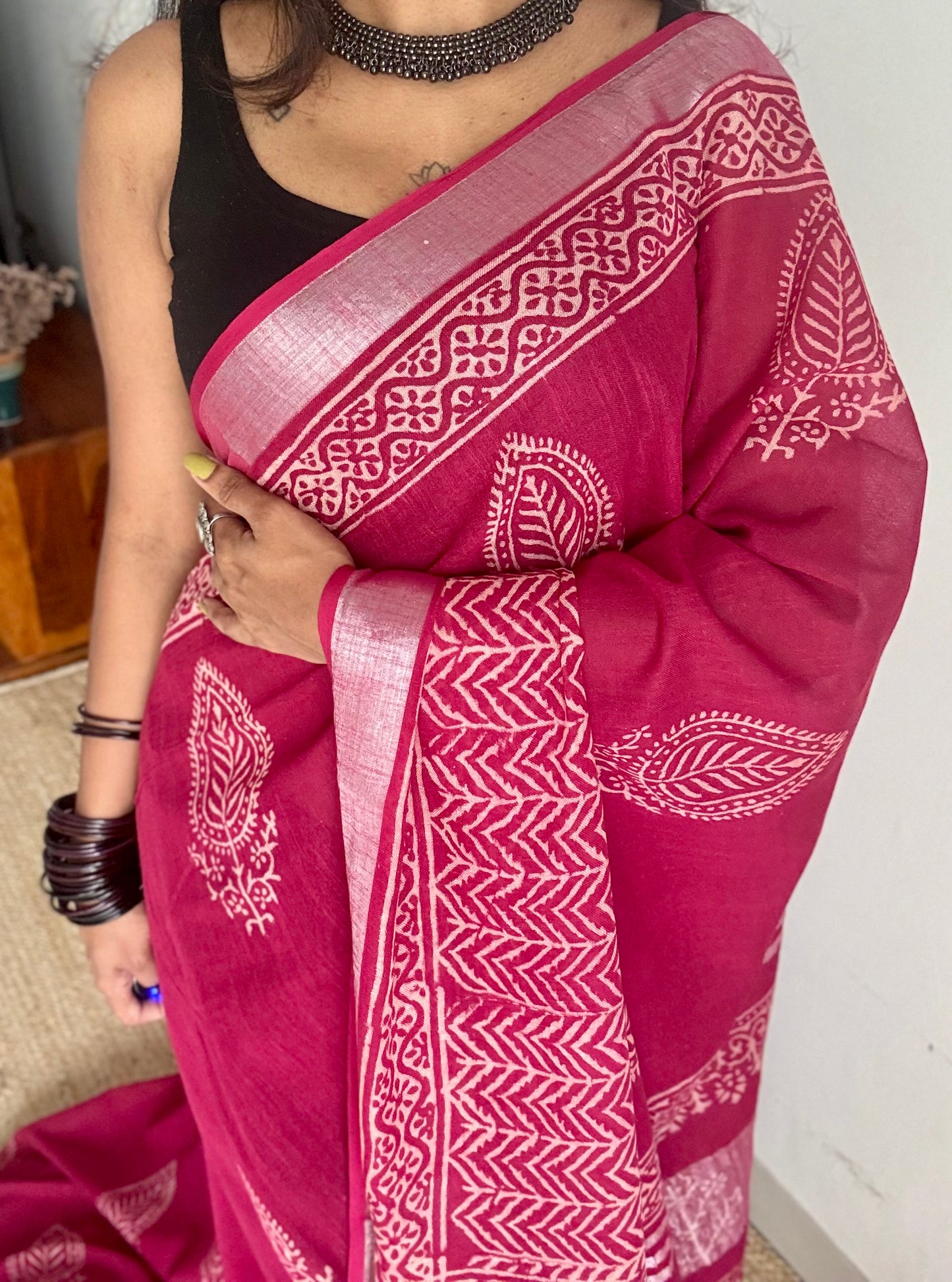 Cranberry red linen, white motif, silver zari border - YCTOROCBP60