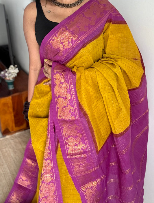 Ginger yellow with magenta checkered sungudi, madurai cotton - YCCOTNSUDE46