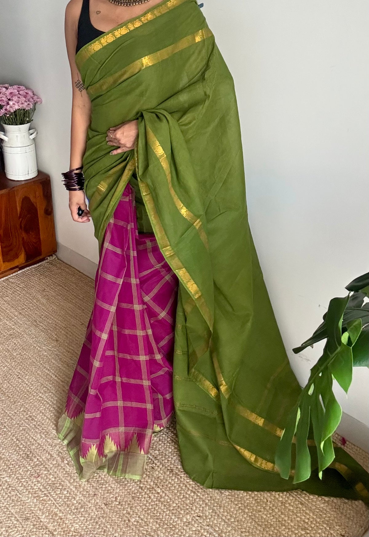 Green with multicoloured checks, sungudi and chettinad cotton half and half saree - YCCOTNIDOC148