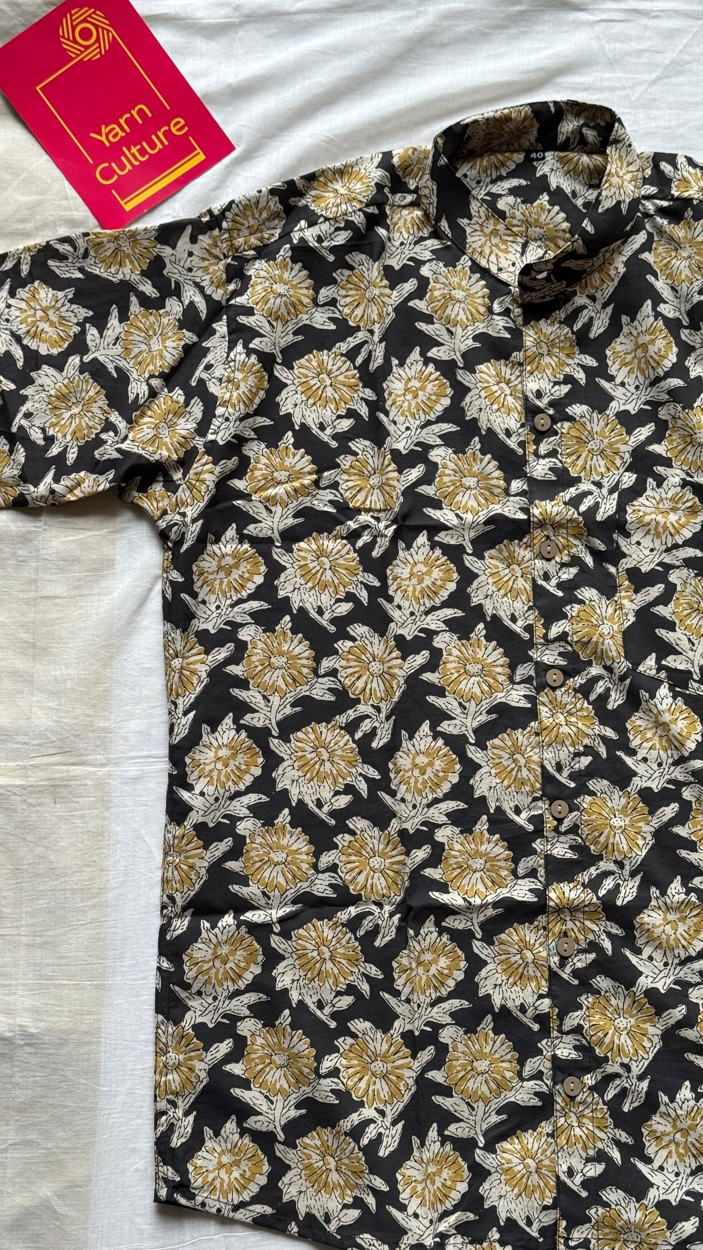 Black & Yellow Floral Block Printed Cotton Men's Half Sleeve Mandarin Collar Kurta Shirt - YCMSEIE190