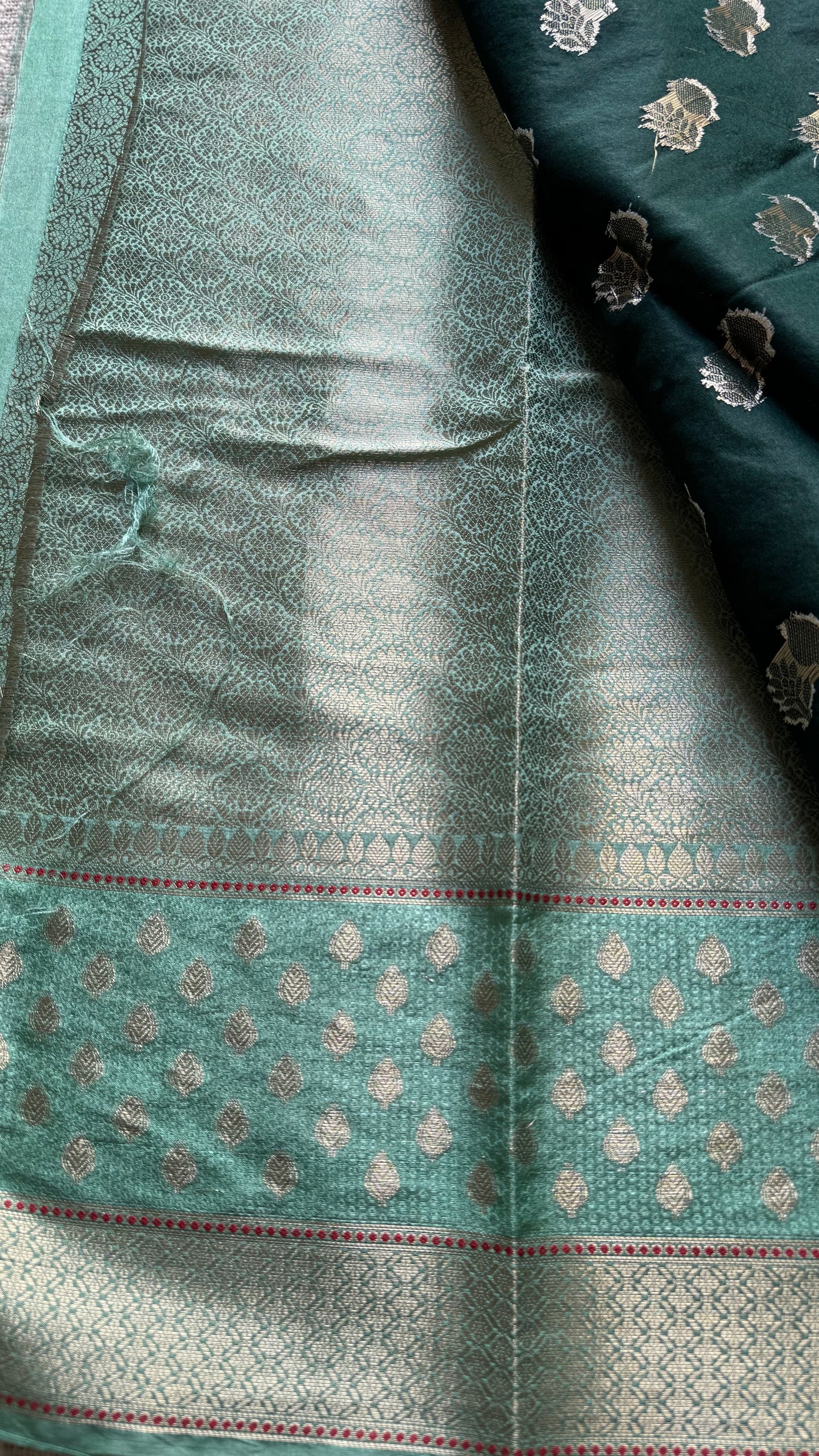Dark green with pastel green border, semi dupion silk - YCBLSSJA25