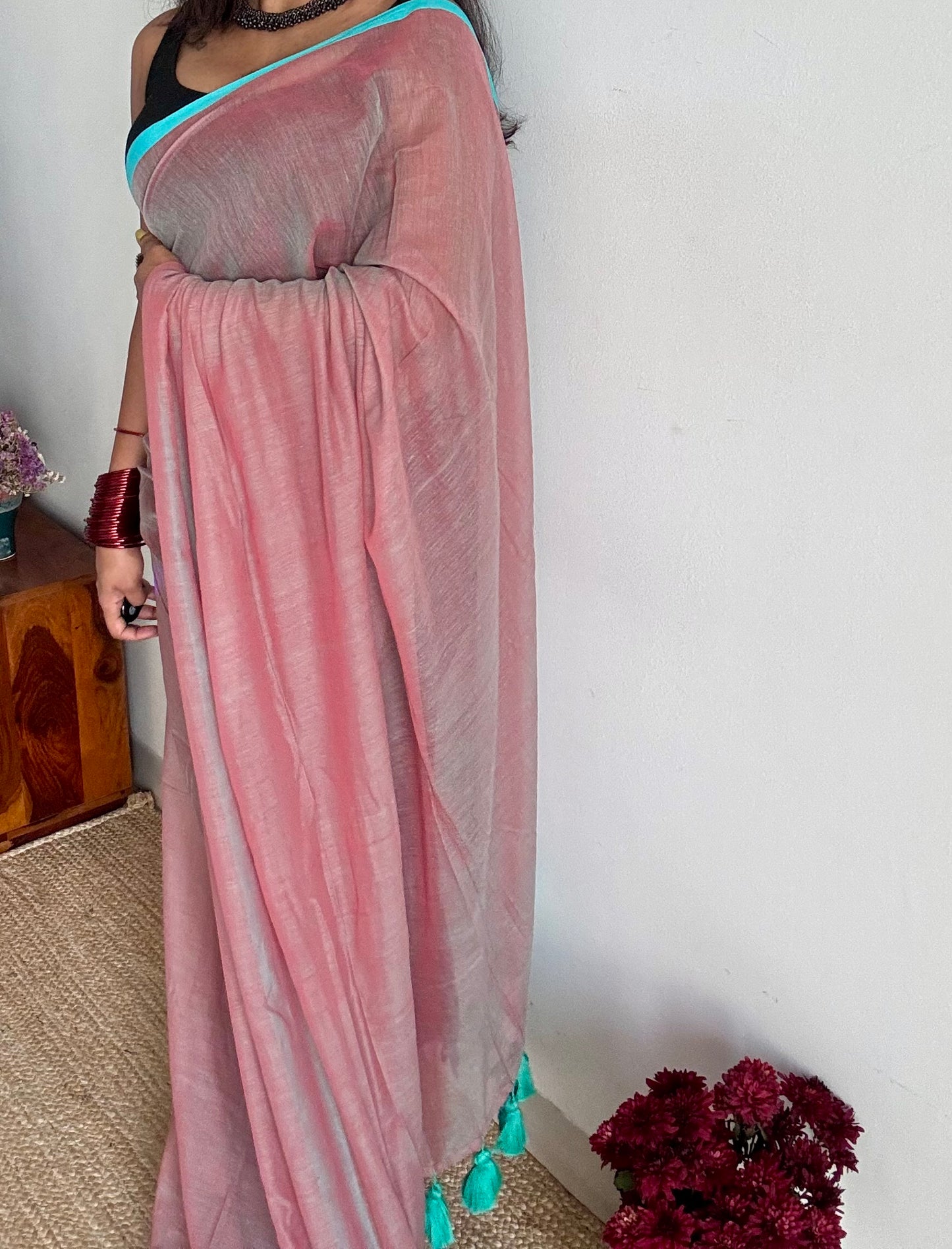 Dusky pinkish brown with aqua blue border mul cotton saree - YCBCMCFE222