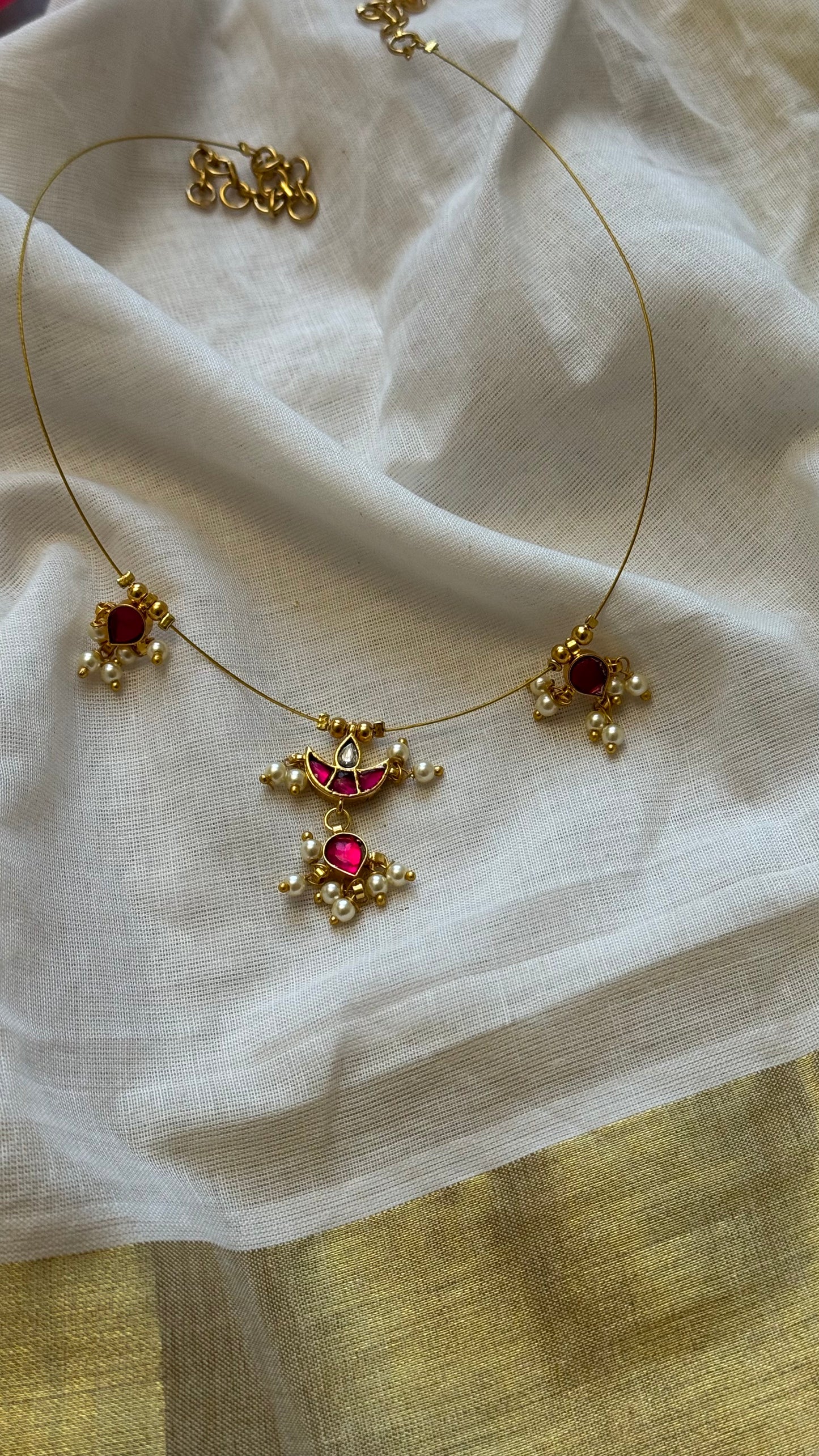 Invisible neckchain with jadau kundan stones & pearl hangings - ruby, white - YCGPNP692