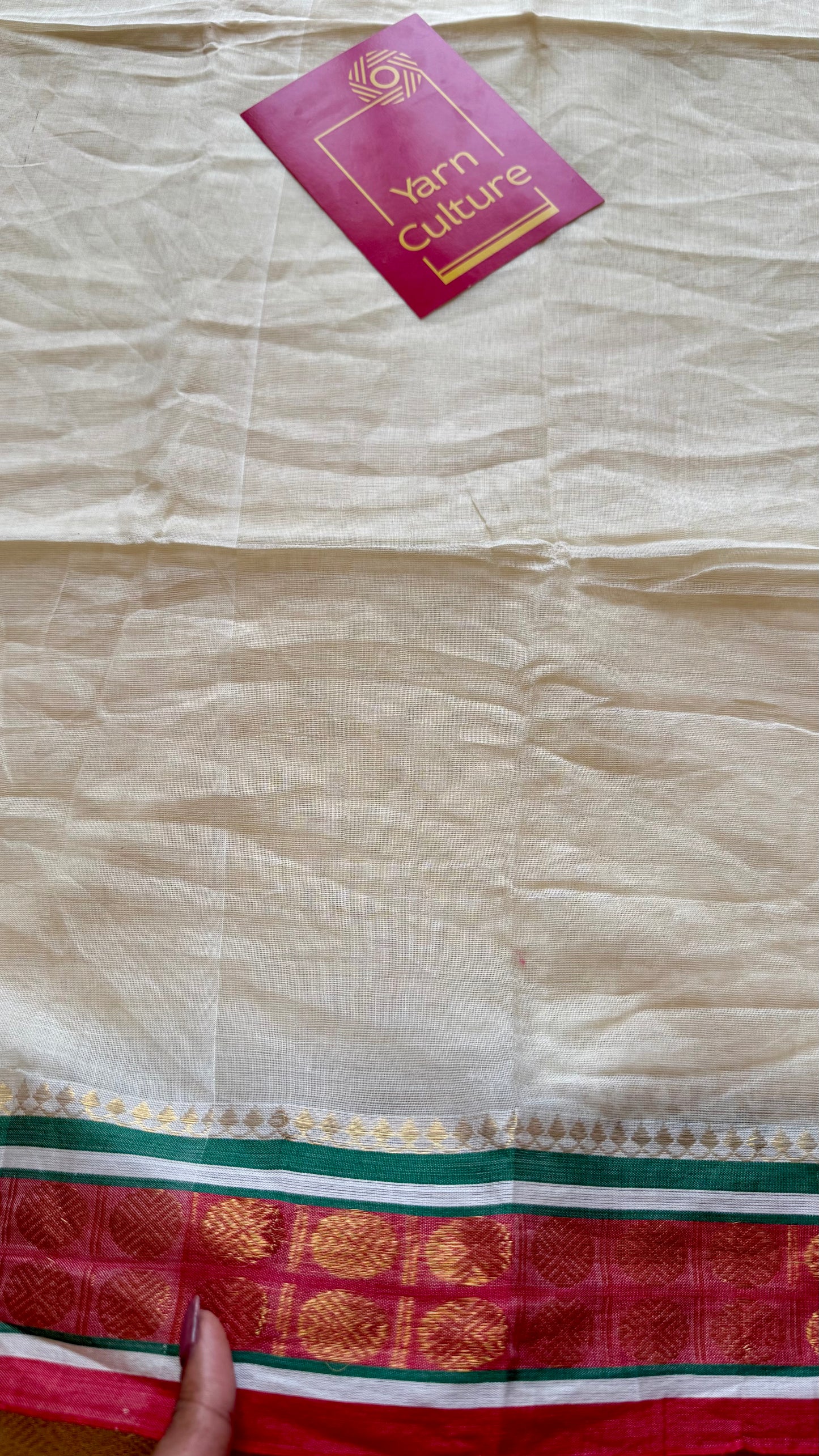 Ivory mul saree, muted red and green kanchi border  - YCIEON24