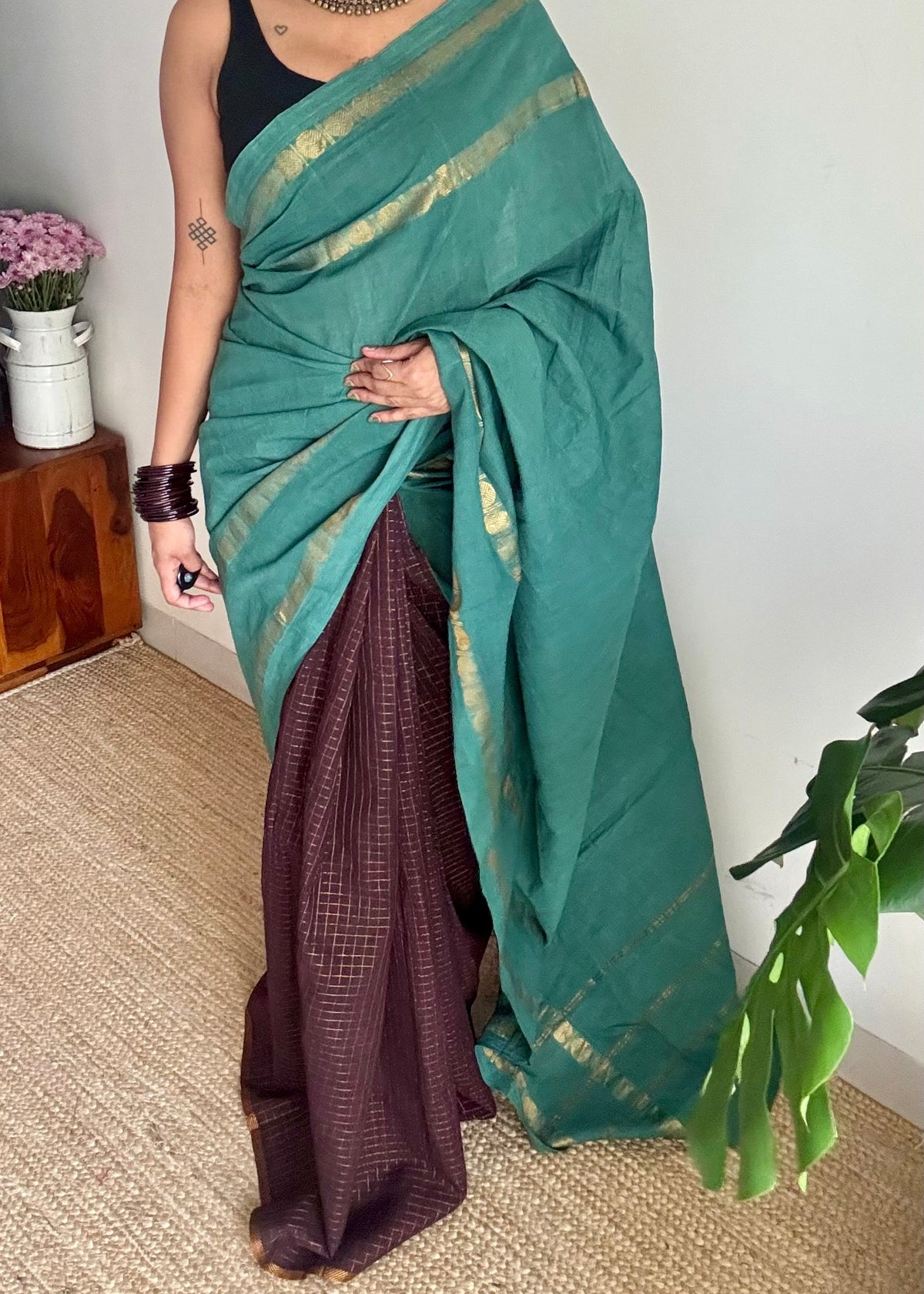 Mint green with brown, sungudi cotton half and half saree - YCCOTNIDOC154