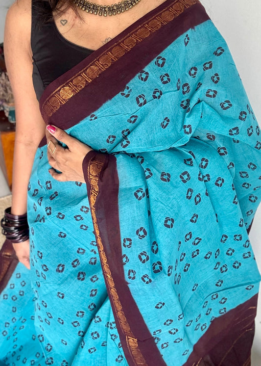 Blue with brown, printed sungudi, madurai cotton - YCCOTNOCSC16