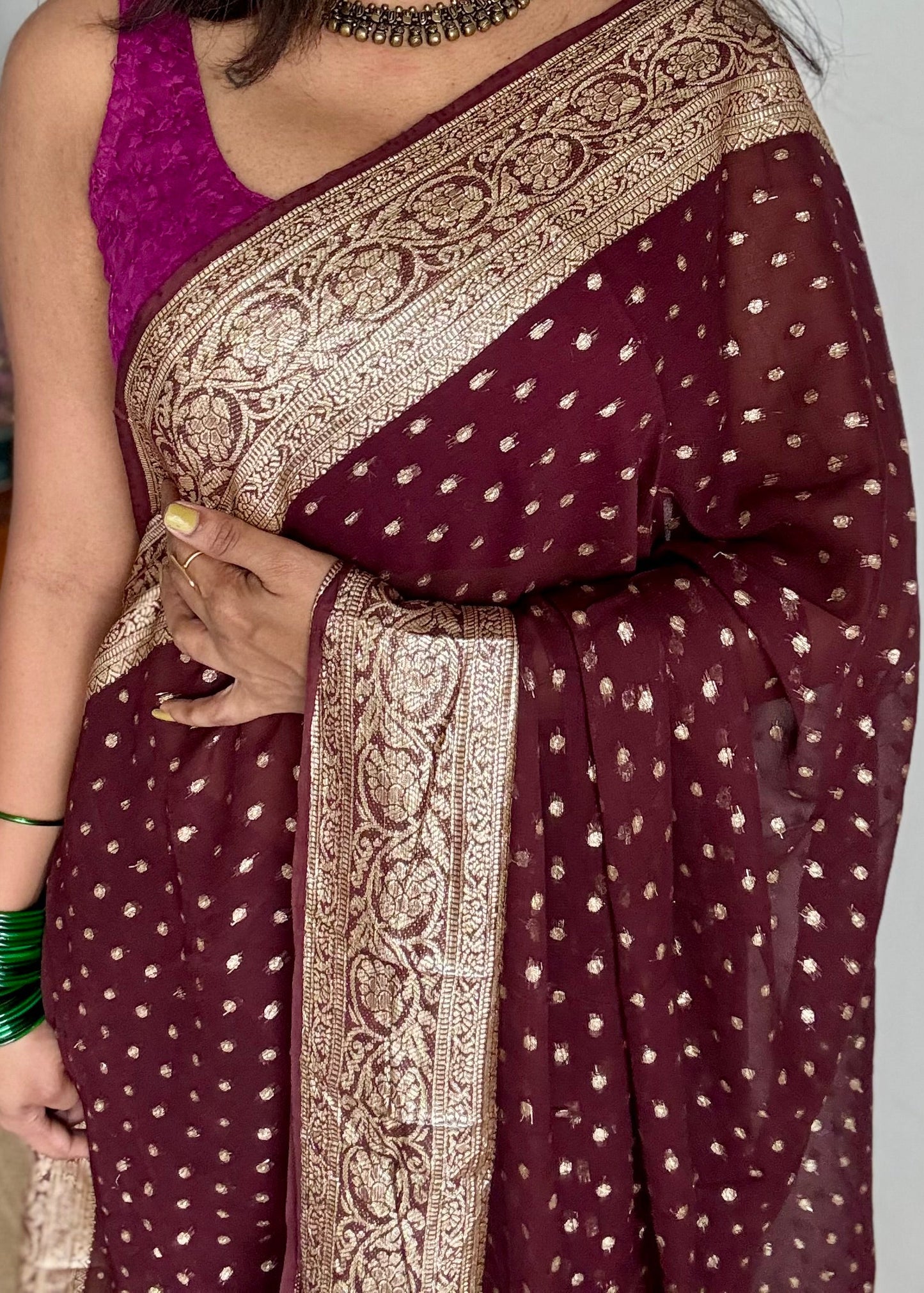 soft silk saree with satin border and jacquard zari motifs, lightweight farewell and partywear saree with elegant drape, flowy saree, georgette saree