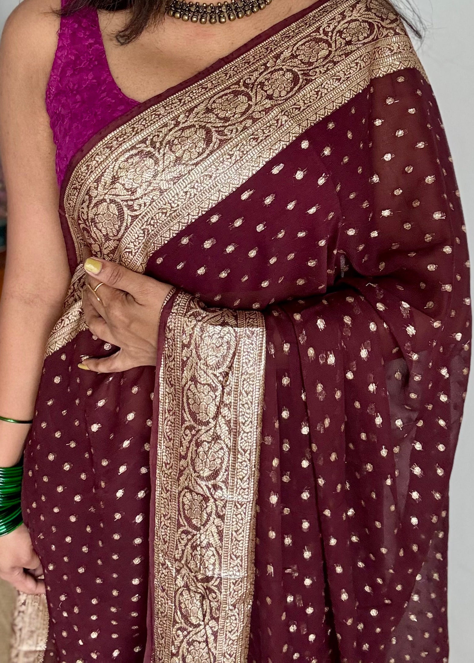 soft silk saree with satin border and jacquard zari motifs, lightweight farewell and partywear saree with elegant drape, flowy saree, georgette saree