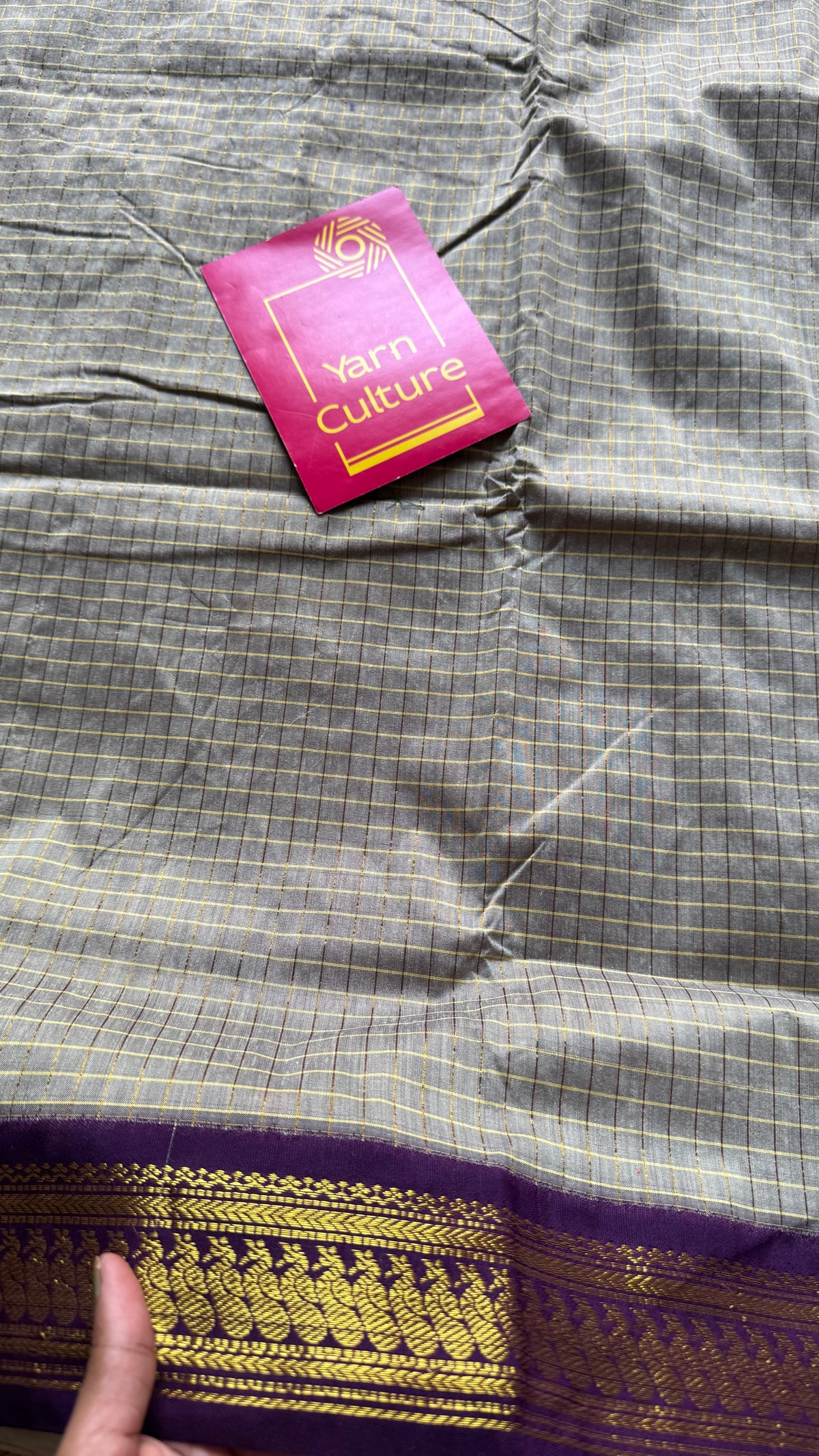 Warm grey with purple, zari checkered saree, cotton silk - YCCOTNKCOC110