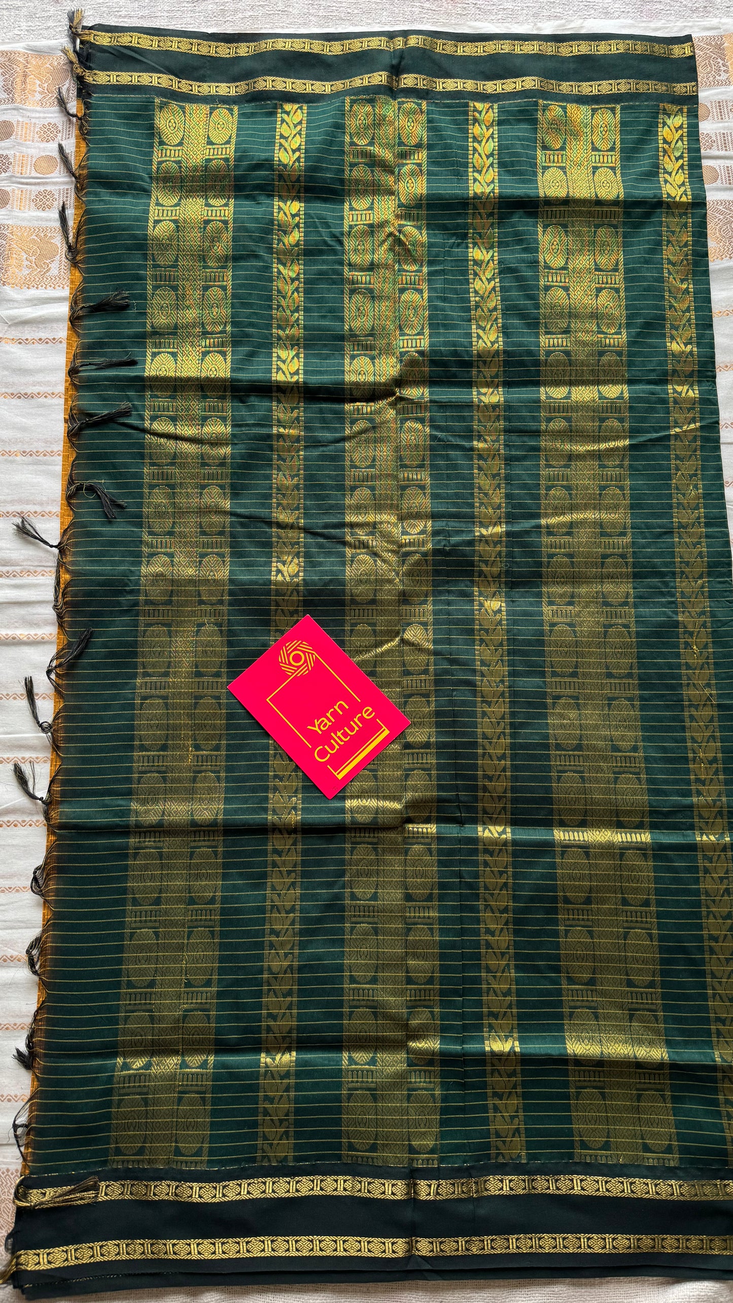 Mustard yellow with dark green contrast arani checkered saree, cotton silk - YCCOTNAUG12