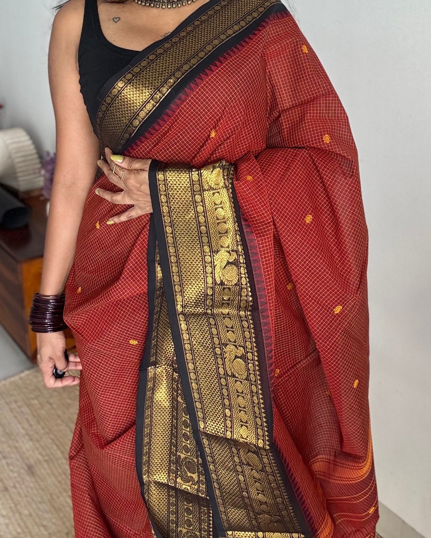 Brick red with black contrast, checkered kanchi cotton saree - YCCOTNJU20