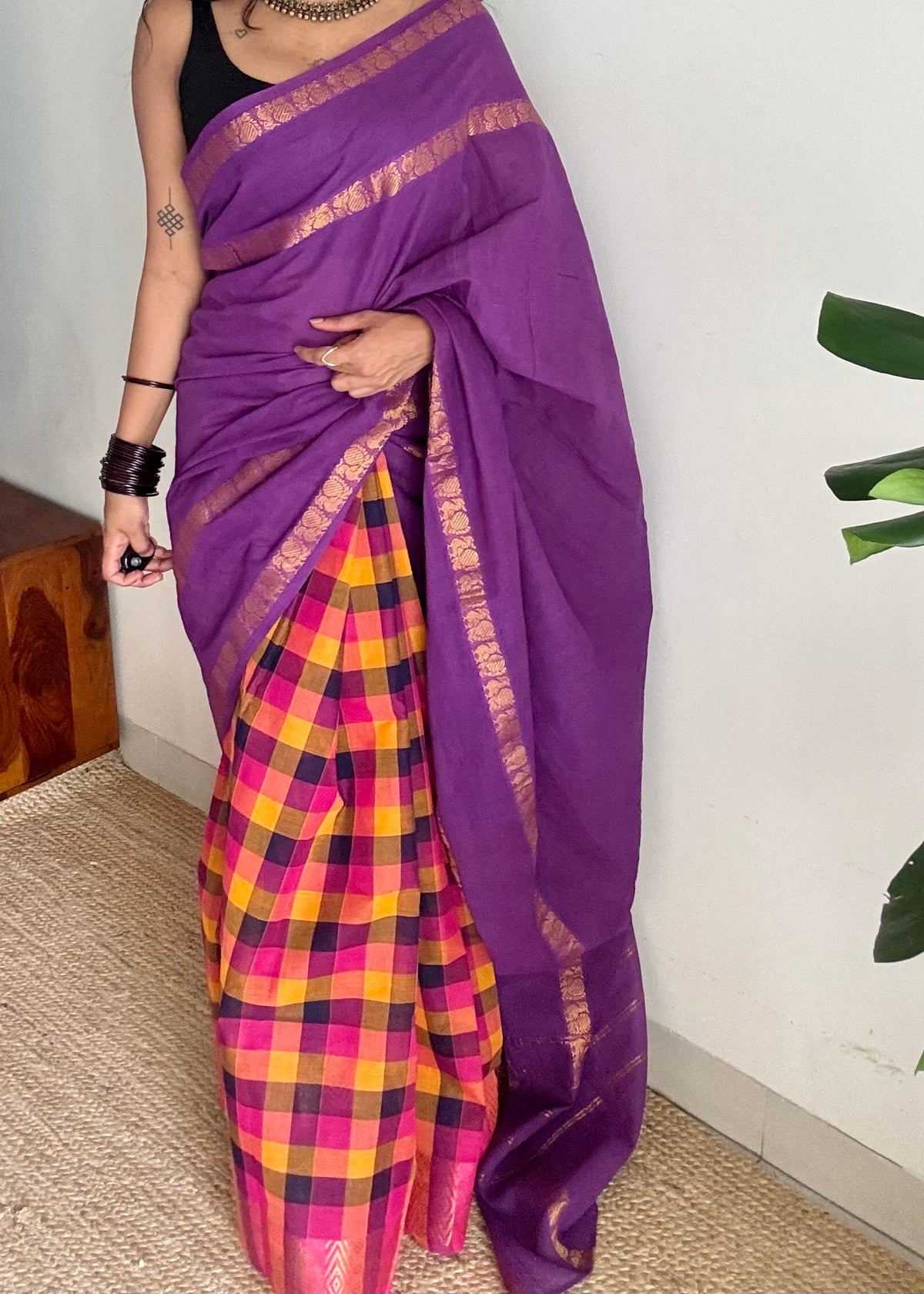 Purple with multicolour checks, sungudi and chettinad cotton half-half saree - YCCOTNIDOC34