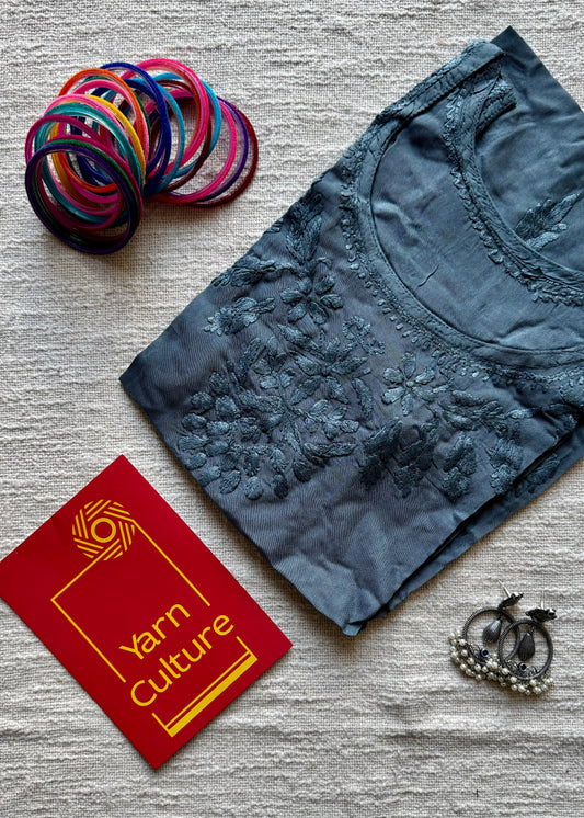 Dark grey muslin chikankari with bakhiya work, stitched kurta, round neck, sleeveless - YCSECKJA175