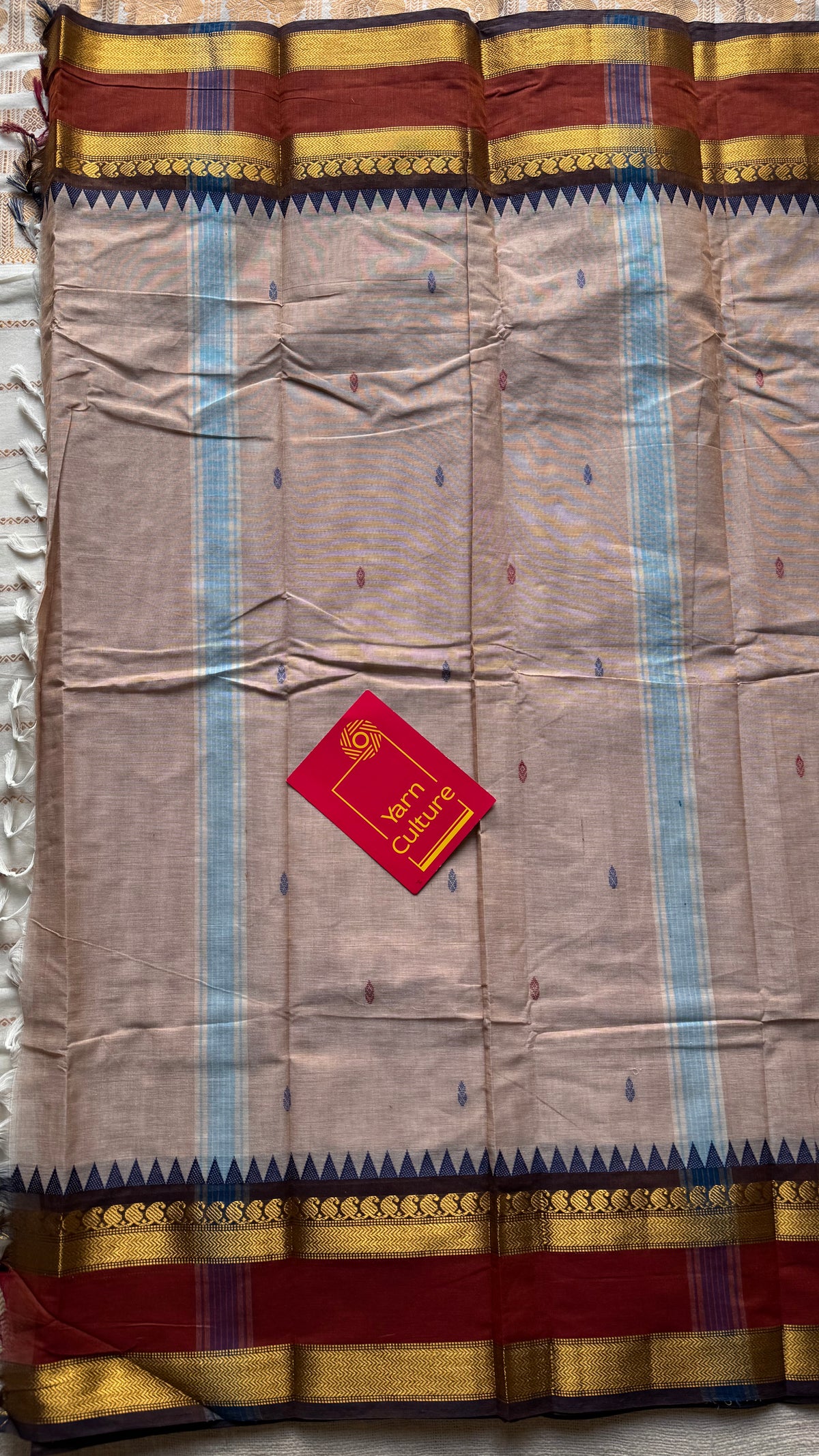 Beige with rust orange and brown zari border kanchi cotton saree - YCCOTNCKSE19
