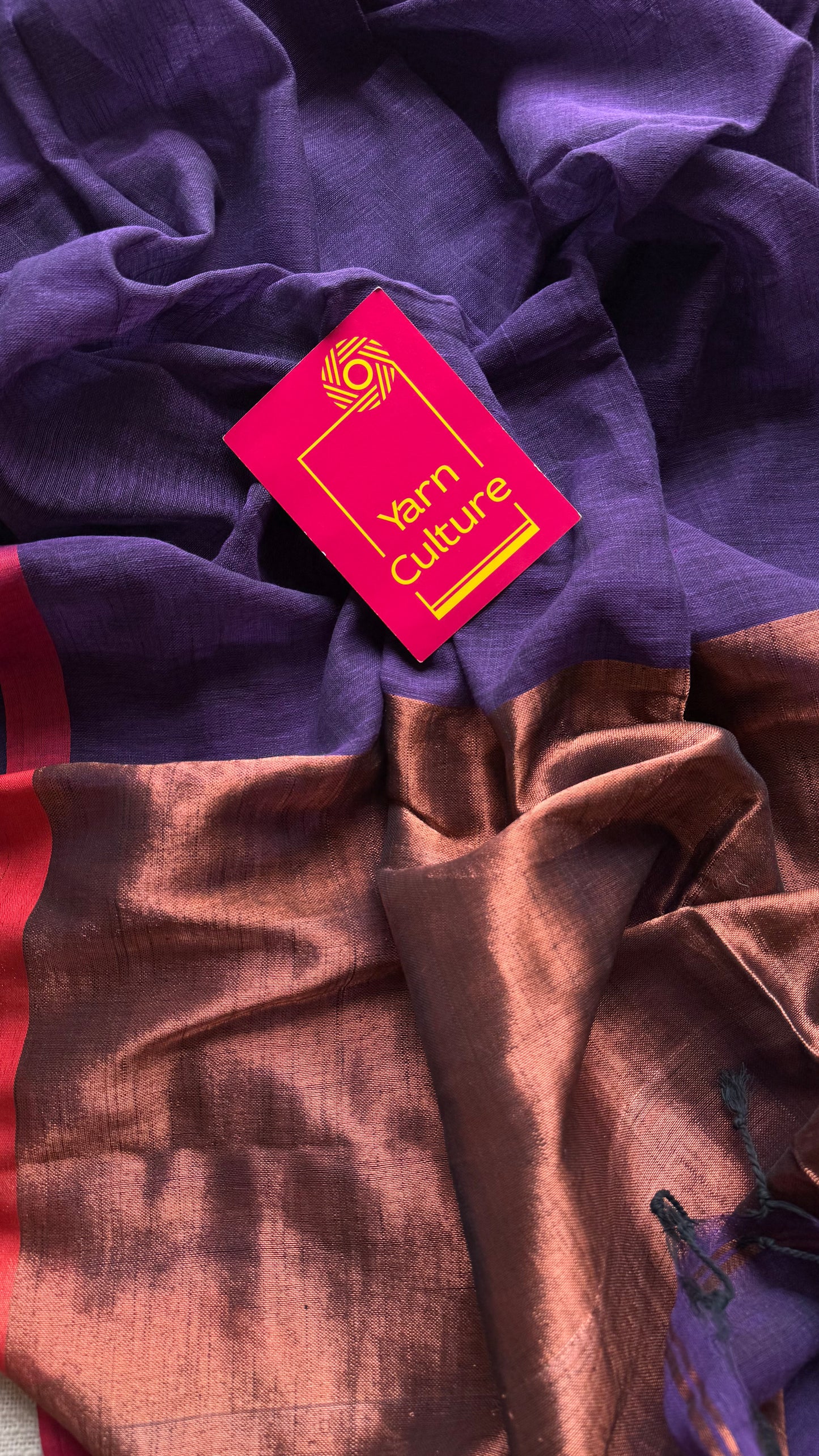 Purple plain linen by cotton saree with copper zari pallu - YCBCLCFE396