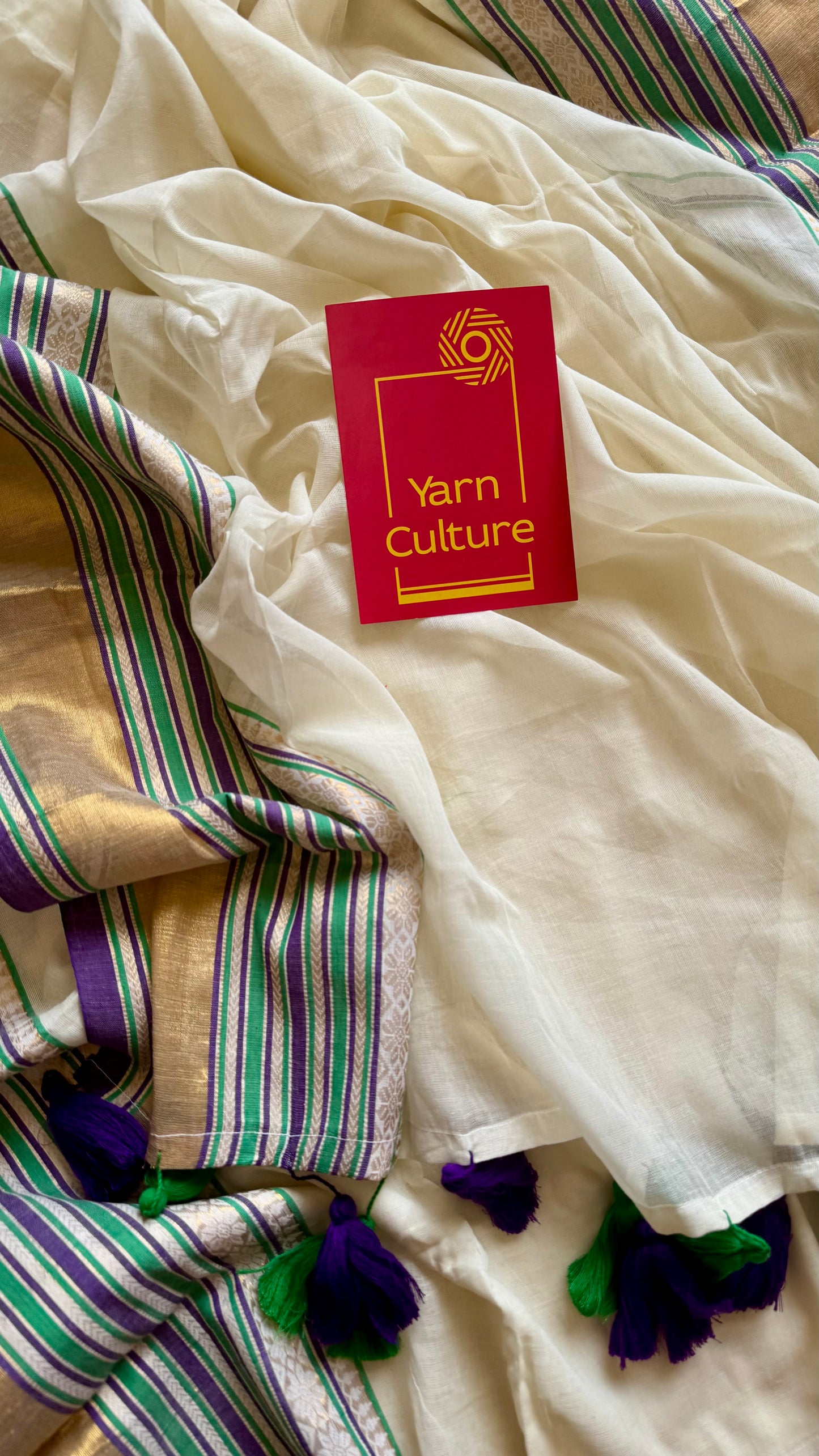 Ivory mul saree, purple, green and gold kanchi border - YCIEON29