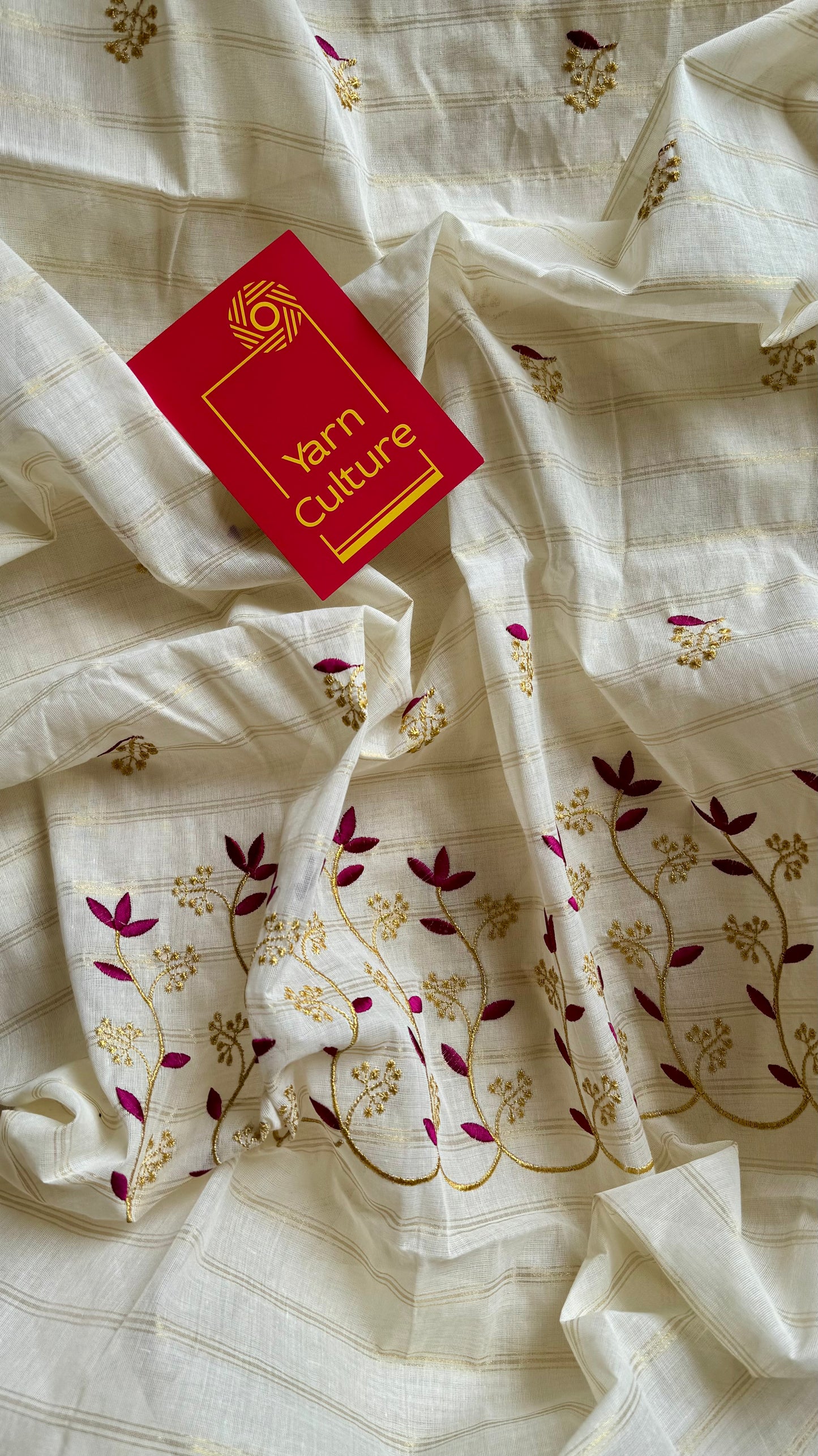 Ivory and gold soft cotton saree, purple pink floral vine embroidery  - YCIEON56