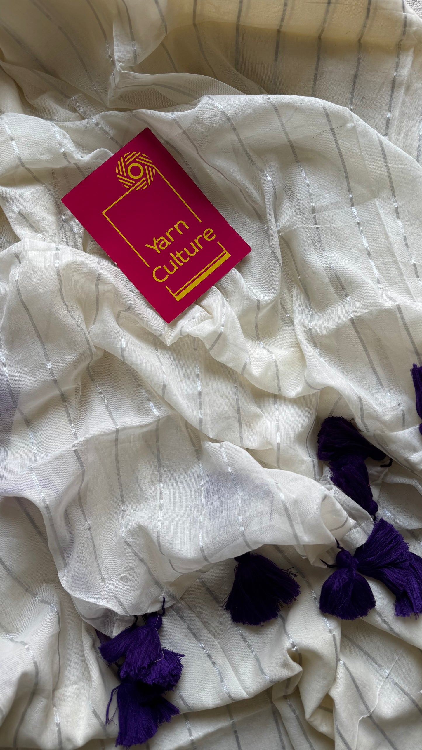 Ivory mul saree with silver zari stripes and purple border - YCBCMCFE288