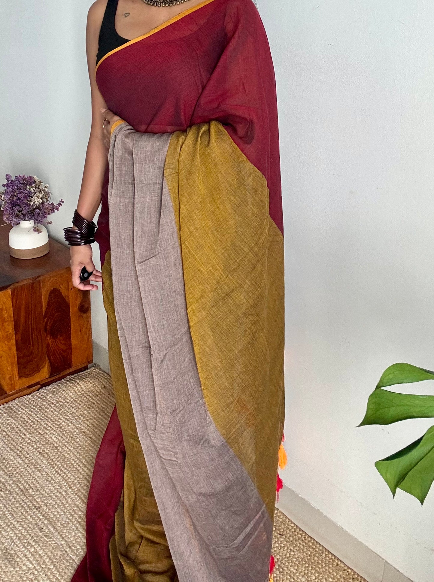 Maroon brown and grey saree, mul cotton - YCBCMA320
