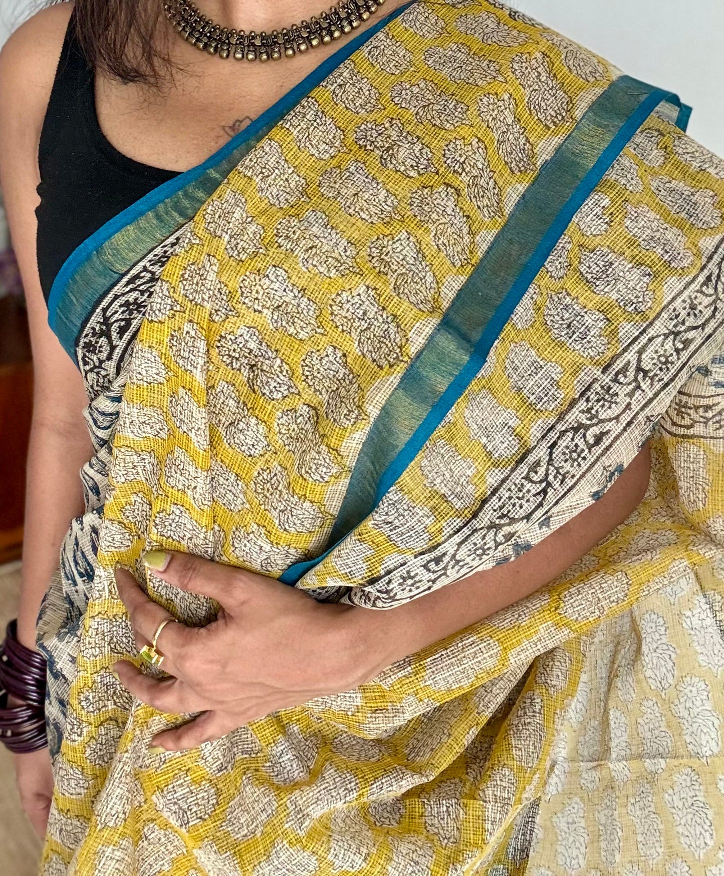 Pina Colada - Ivory with yellow kota doria saree, with gold zari border - YCTORKDAP12