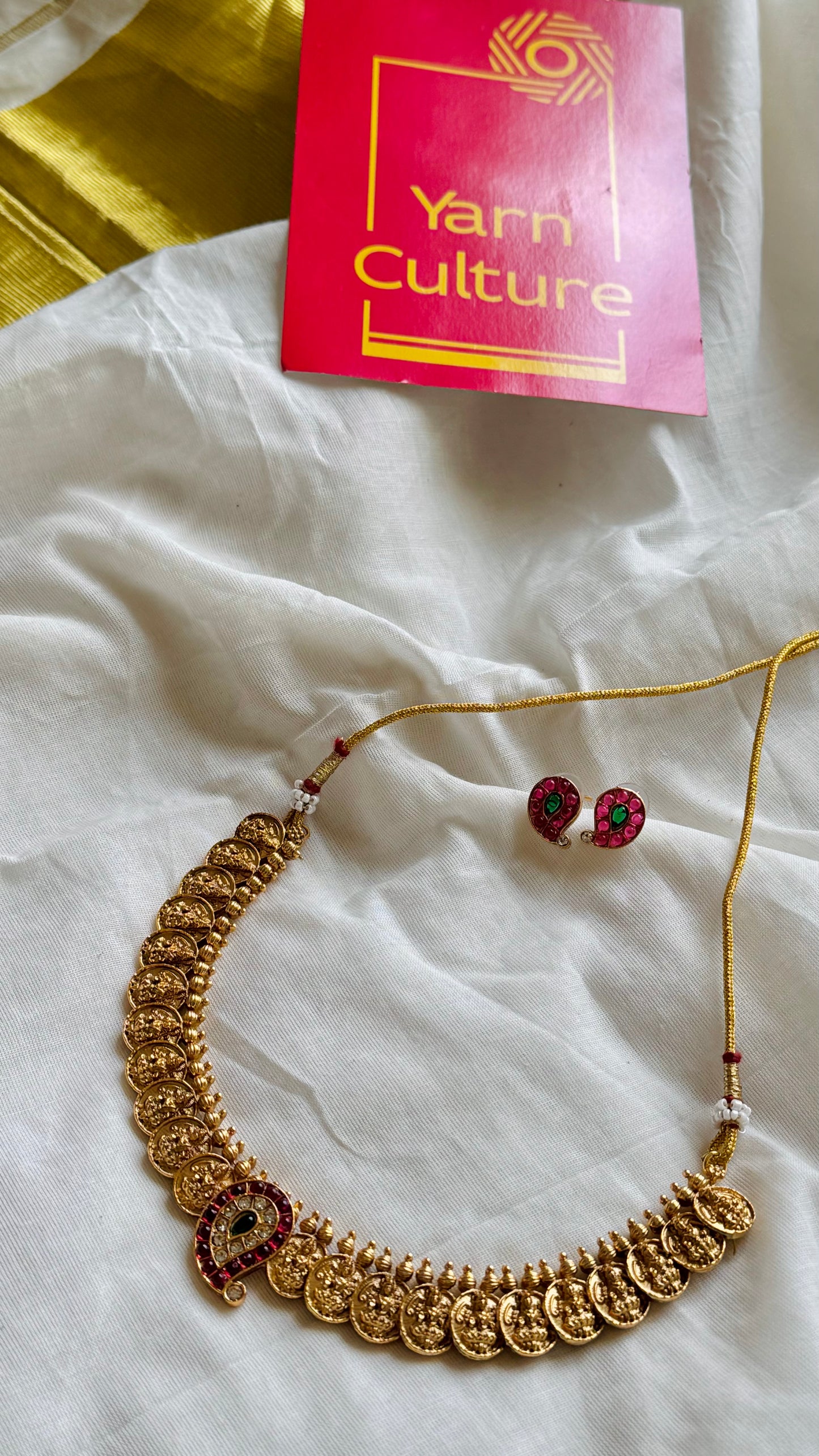 Coin neckpiece with mango pendant with stones, with earrings - YCGPNP737