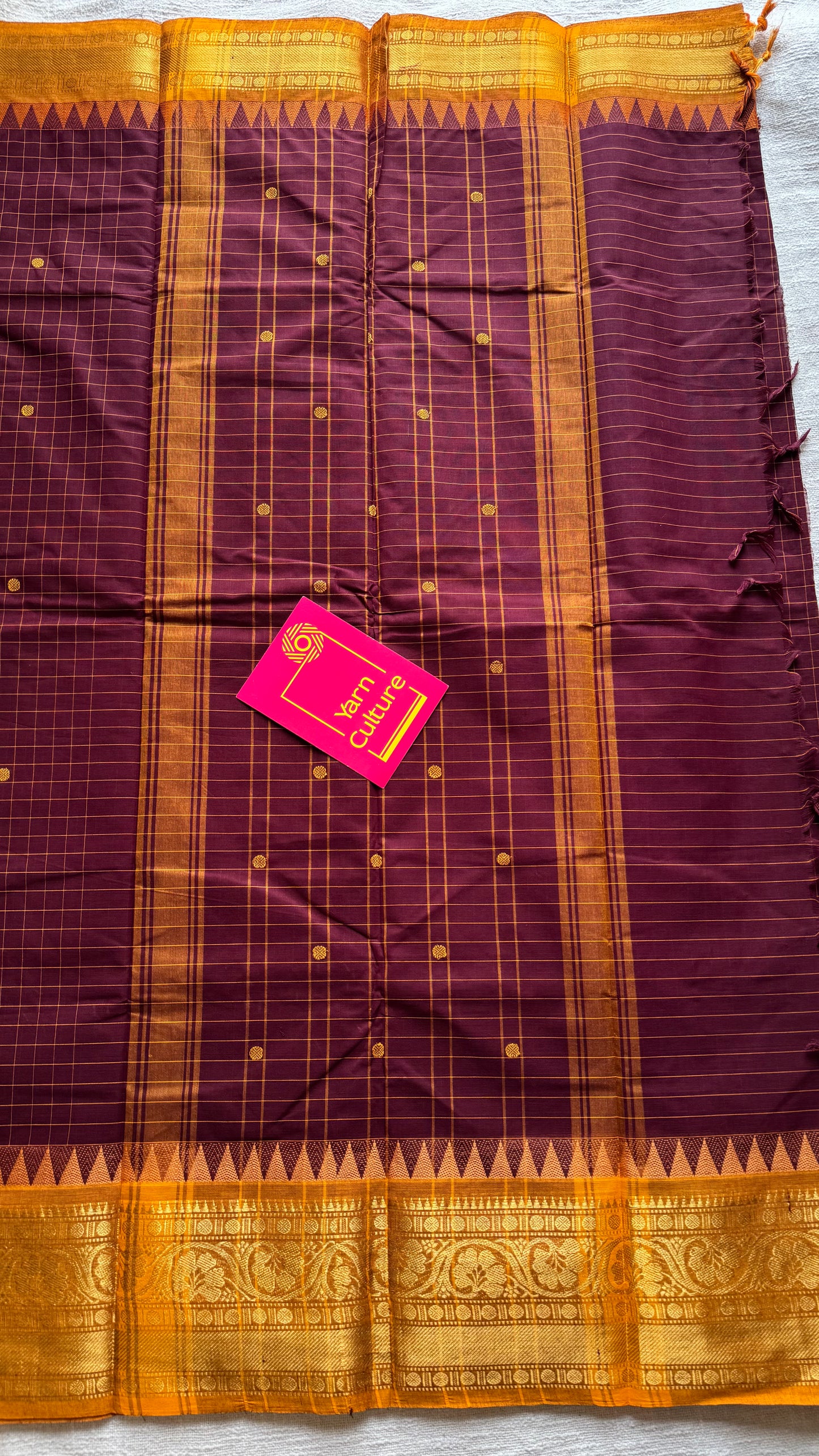 Kanchi cotton saree, maroon checks with yellow temple motif border - YCCOTNAP79
